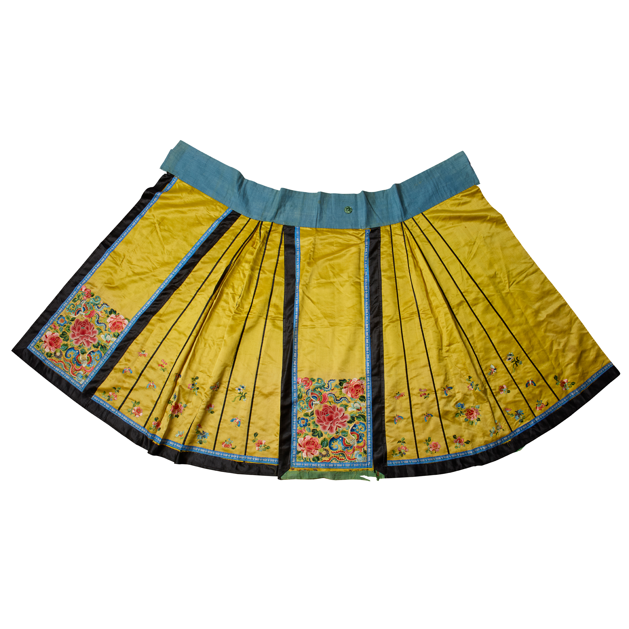 CHINESE YELLOW-GROUND SILK EMBROIDERED PLEATED SKIRT