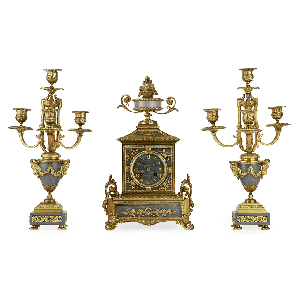 FRENCH GILT BRONZE AND MARBLE THREE-PIECE CLOCK GARNITURE