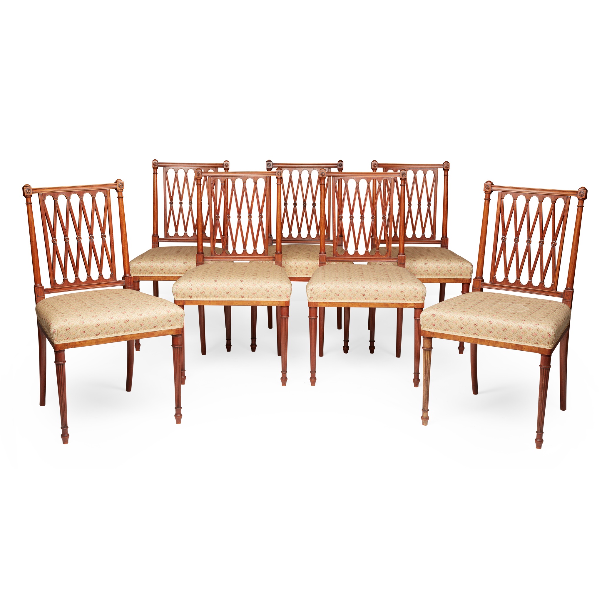 SET OF SEVEN SATINWOOD LATTICE BACK CHAIRS, BY WRIGHT & MANSFIELD