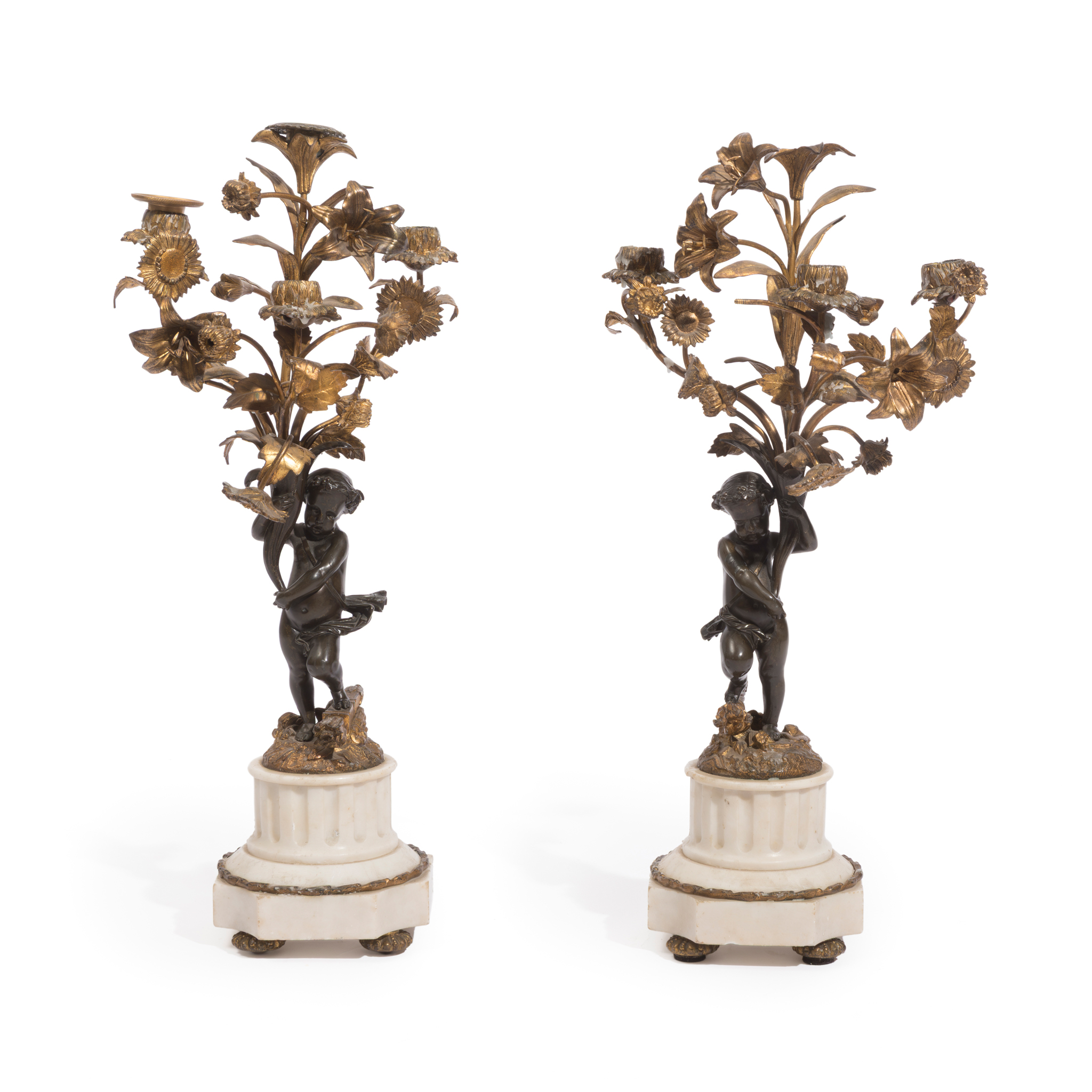 A PAIR OF FRENCH BRONZE AND GILT BRONZE FIGURAL FOUR LIGHT CANDELABRA, AFTER CLODION