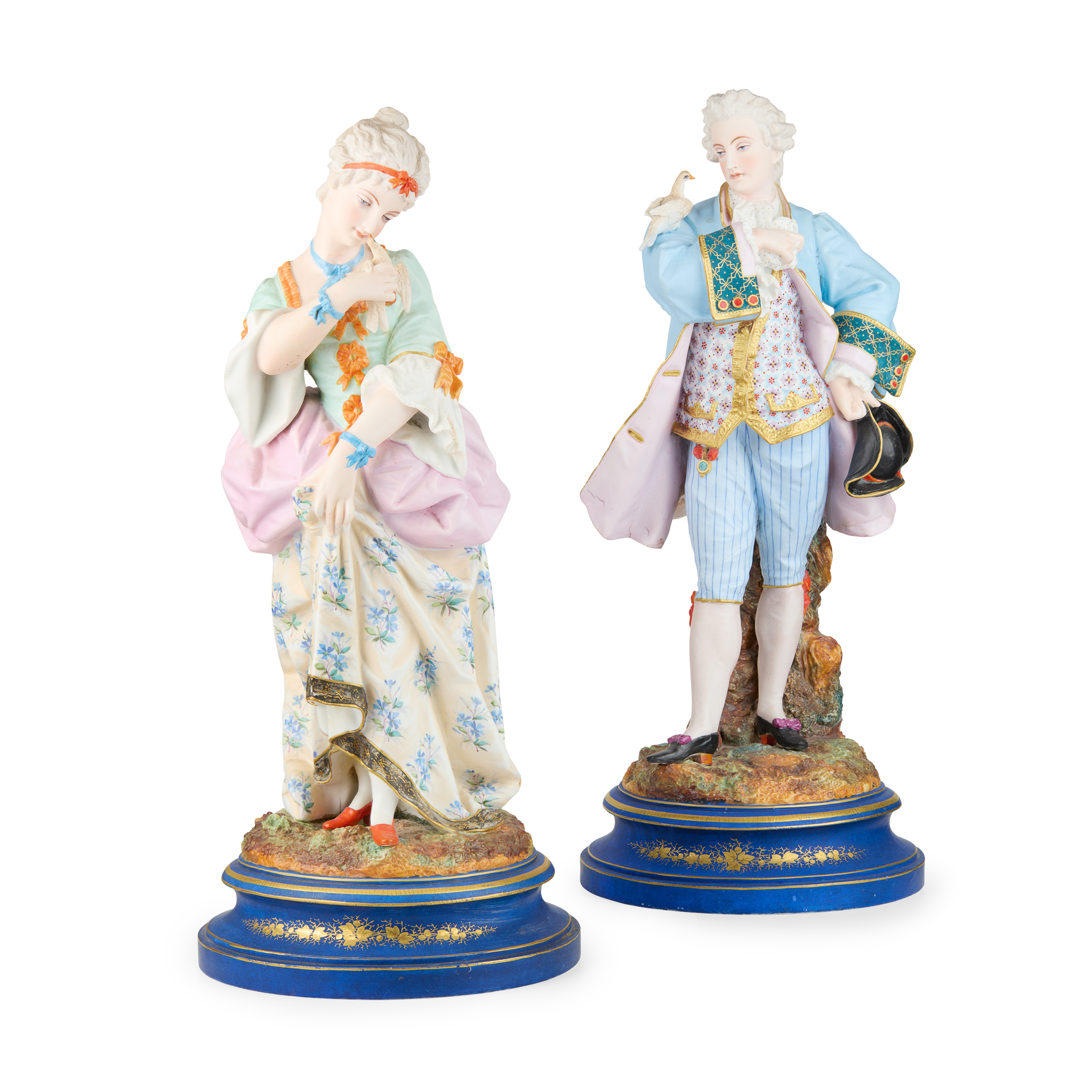 PAIR OF FRENCH BISQUE PORCELAIN FIGURES OF A GALLANT AND LADY
