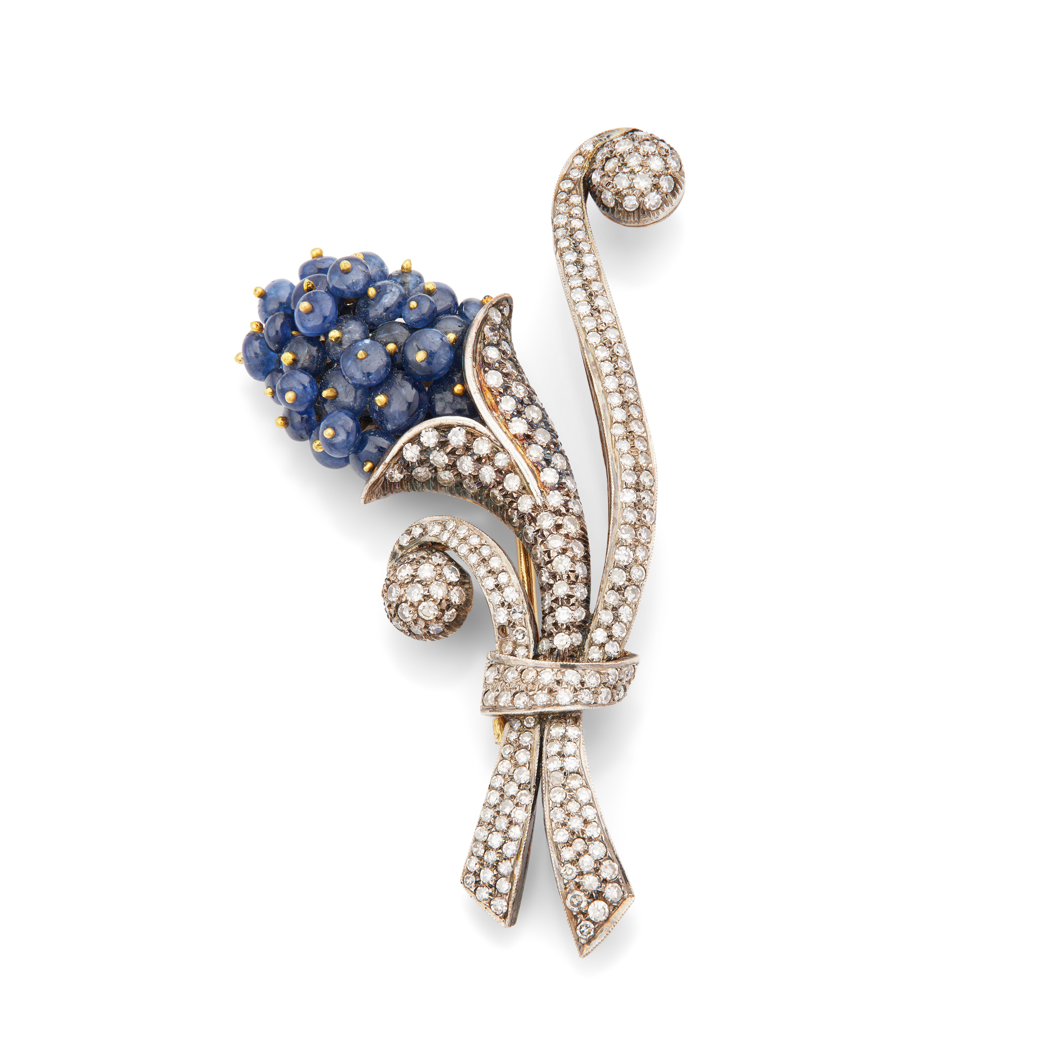 A sapphire and diamond flower brooch