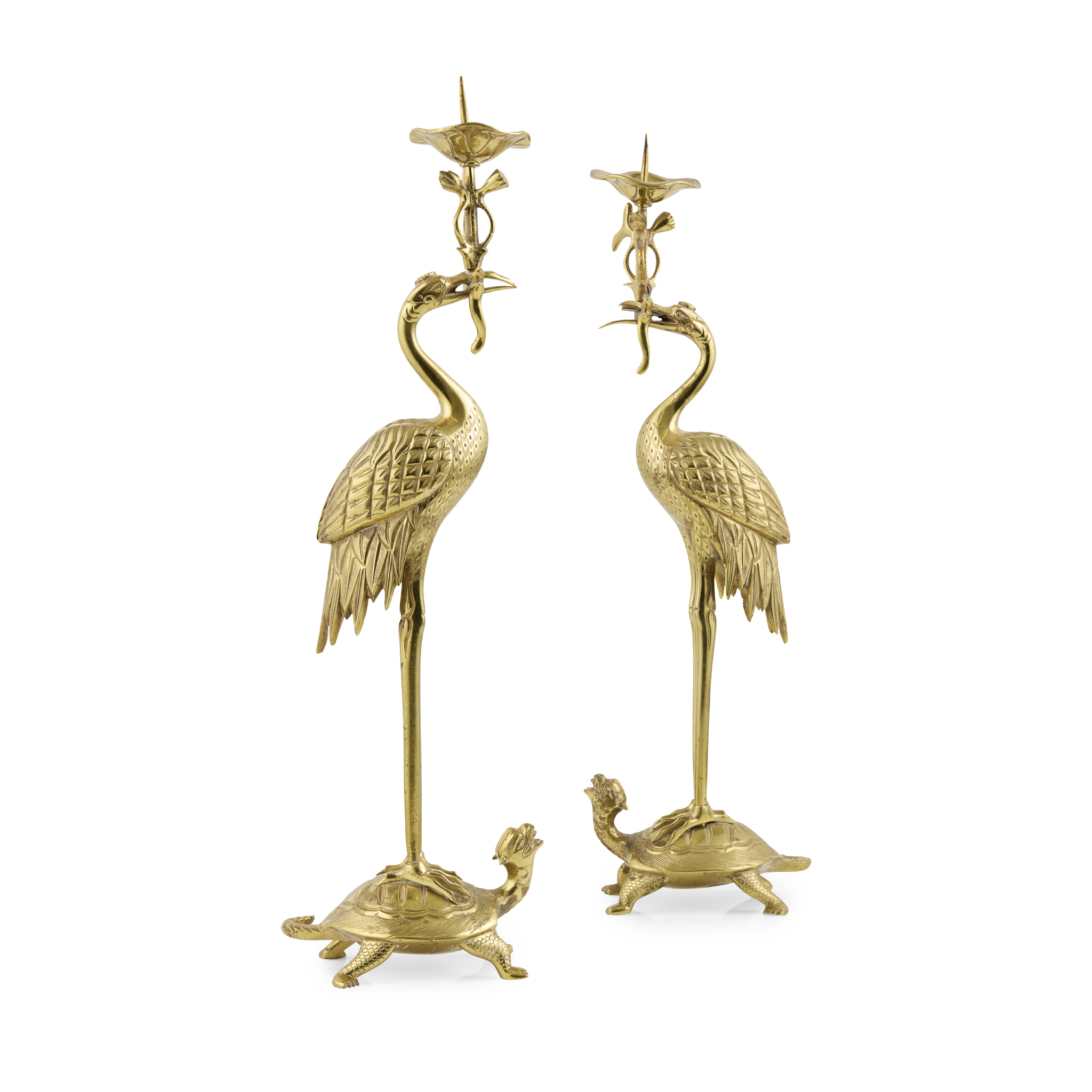 PAIR OF FRENCH JAPONISME BRASS CRANE AND TURTLE CANDLESTICKS