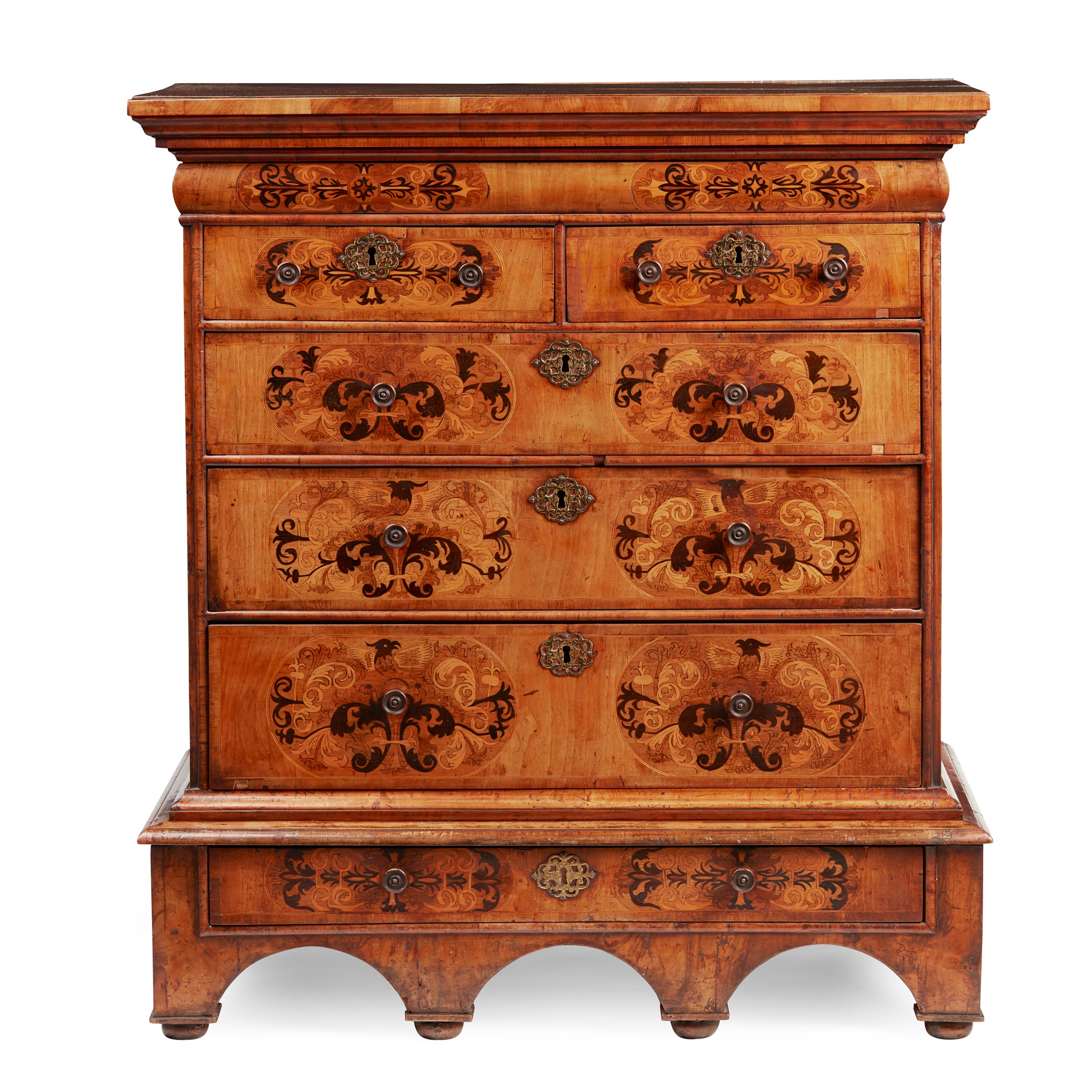 WILLIAM AND MARY WALNUT AND MARQUETRY CHEST-ON-STAND