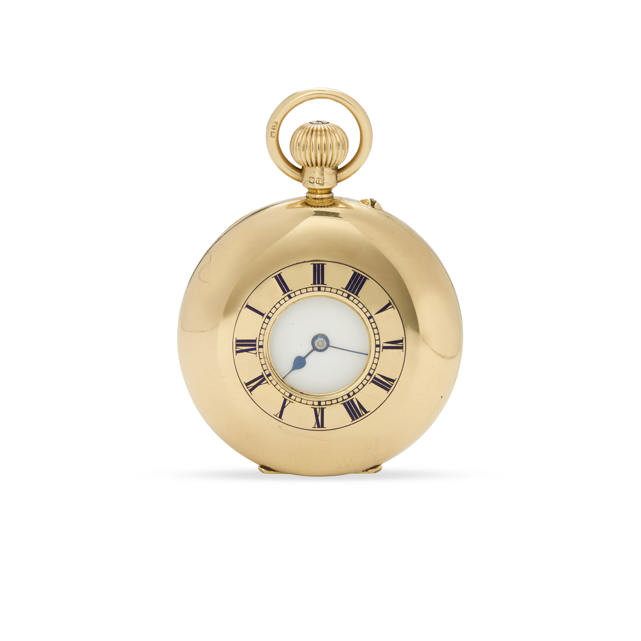 Two gold fob watches. An 18k gold half-hunter case and a 14k gold open face