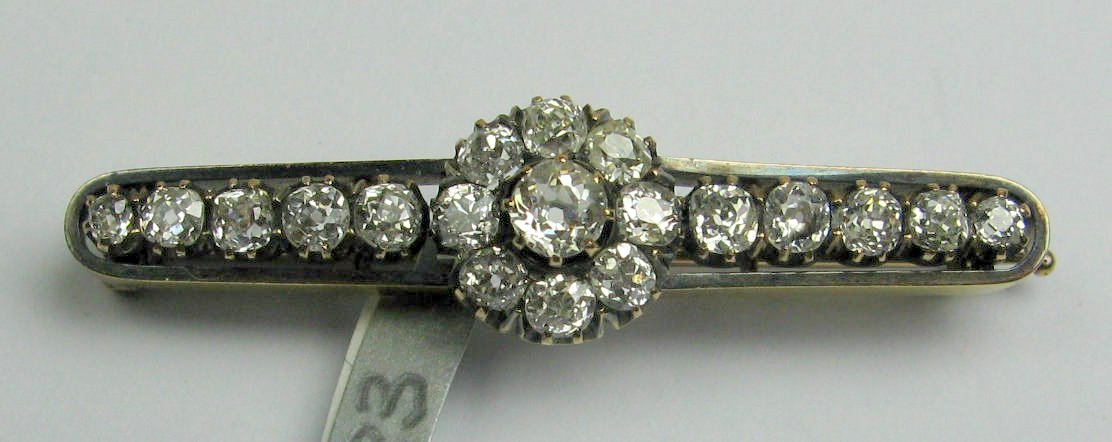 A Russian gold mounted diamond set bar brooch