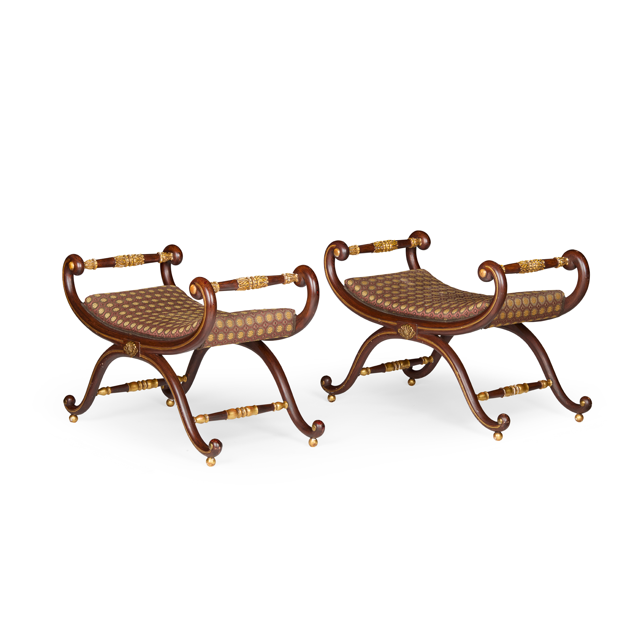 PAIR OF REGENCY STYLE FAUX ROSEWOOD AND PARCEL-GILT X-FORM STOOLS