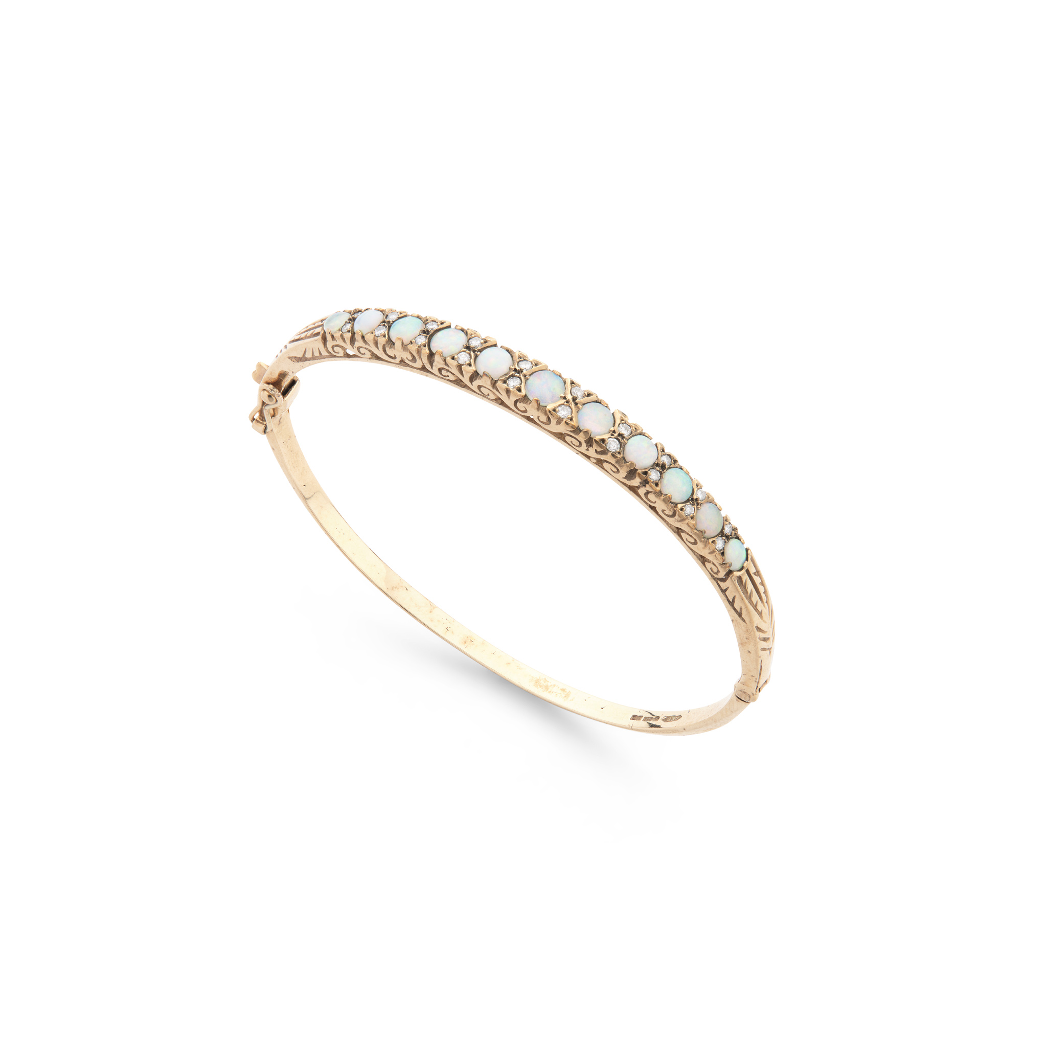 A 9ct gold opal and diamond bangle