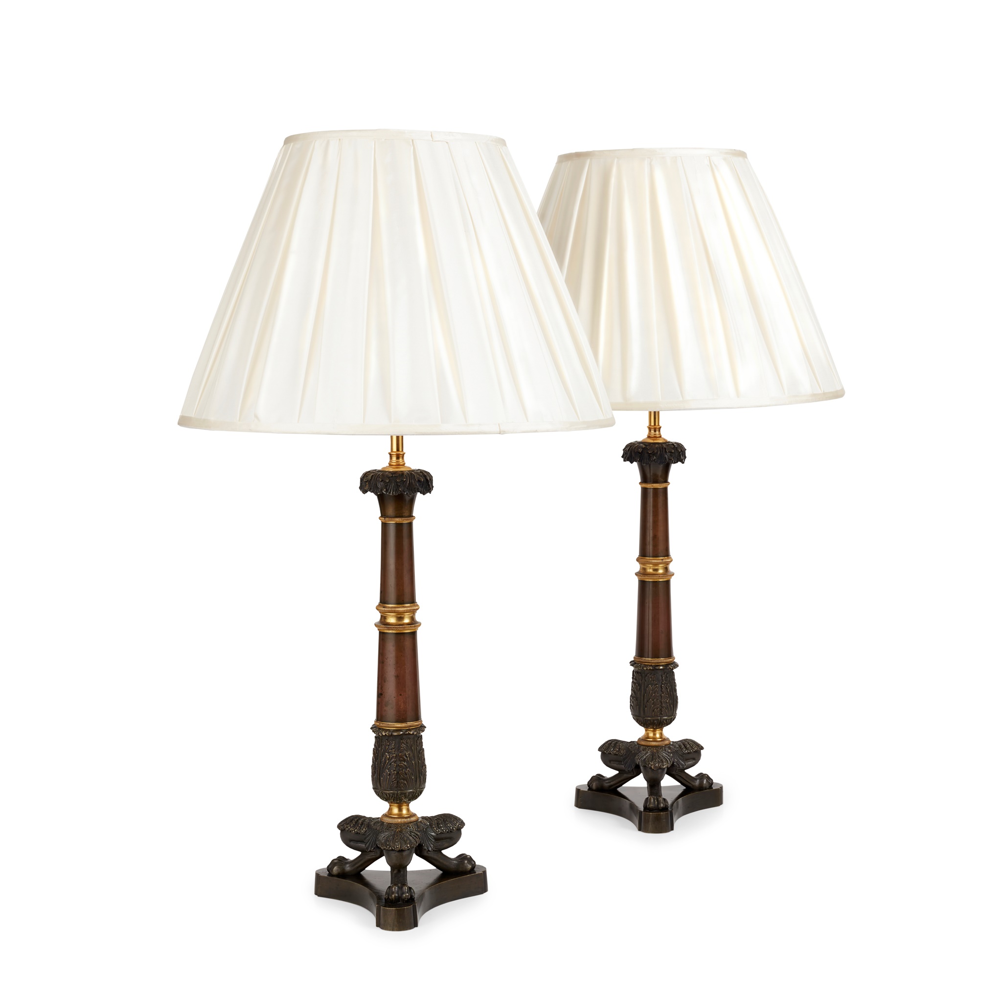 PAIR OF LARGE CHARLES X PATINATED BRONZE AND GILT LAMPS