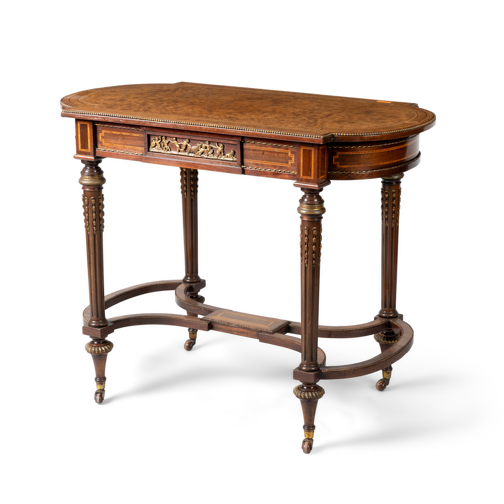 A BURR WALNUT, CROSSBANDED AND STRUNG SIDE TABLE