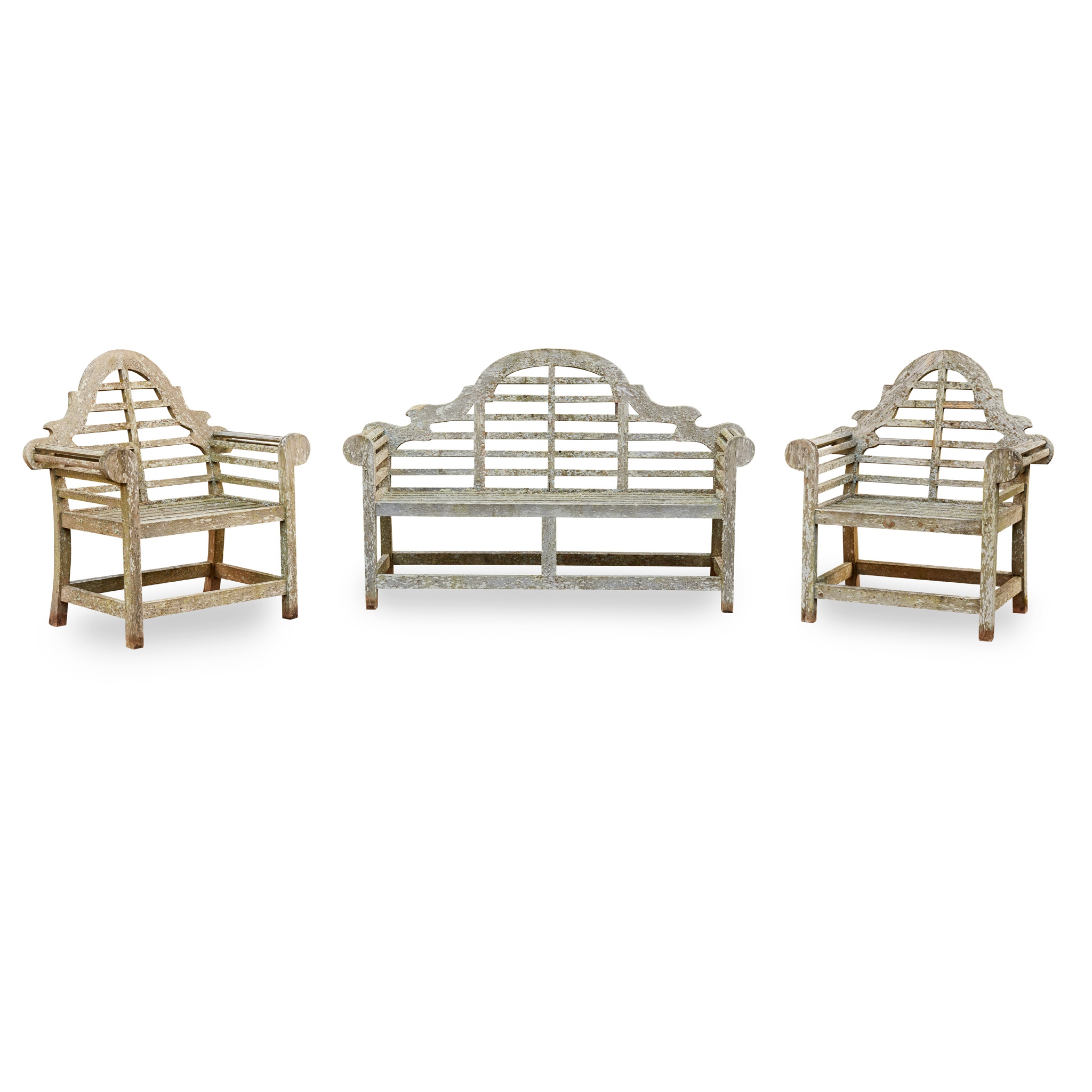 LUTYENS STYLE GARDEN BENCH AND PAIR OF ARMCHAIRS