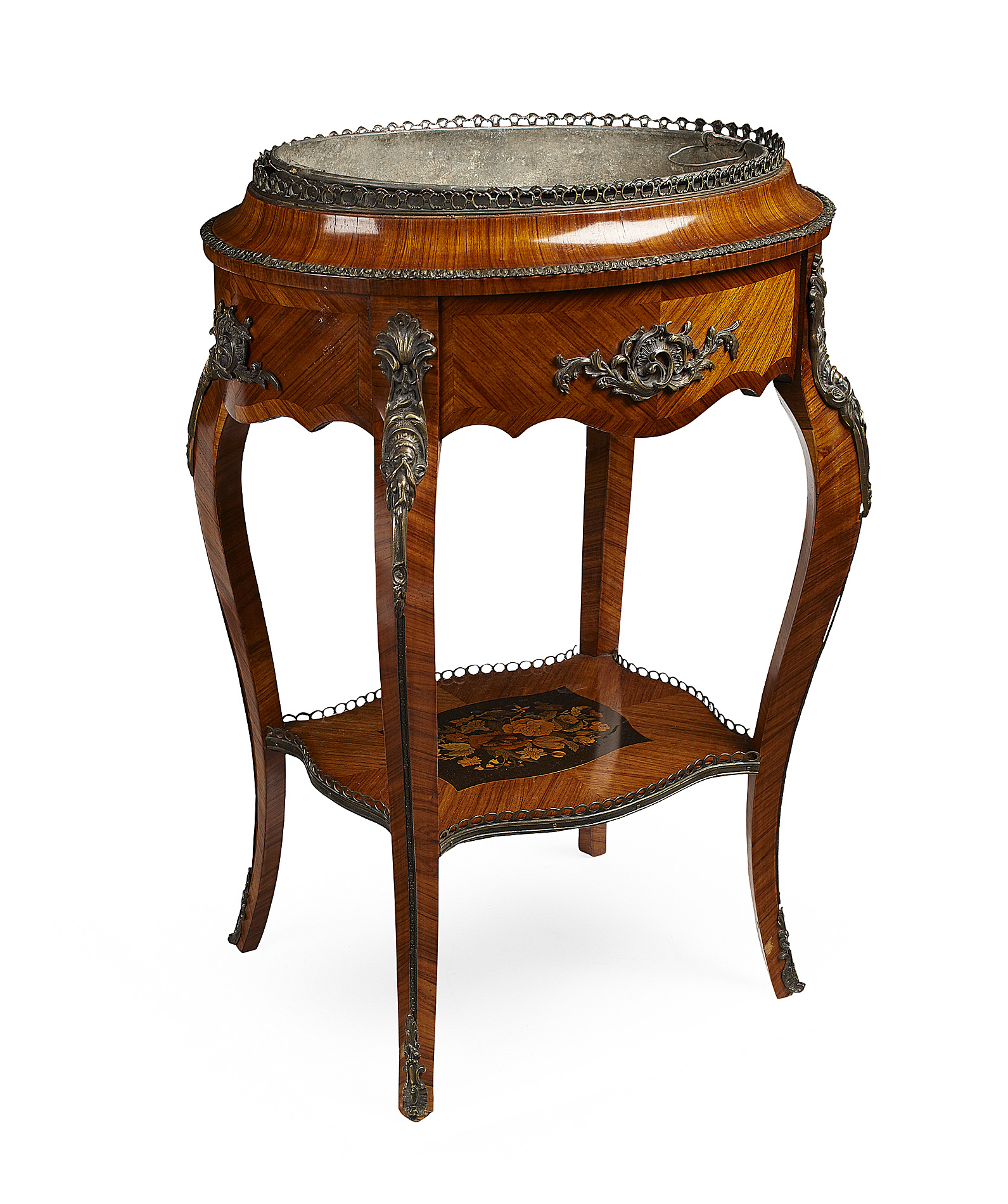 FRENCH GILT METAL MOUNTED TULIPWOOD AND MARQUETRY JARDINIÈRE TABLE