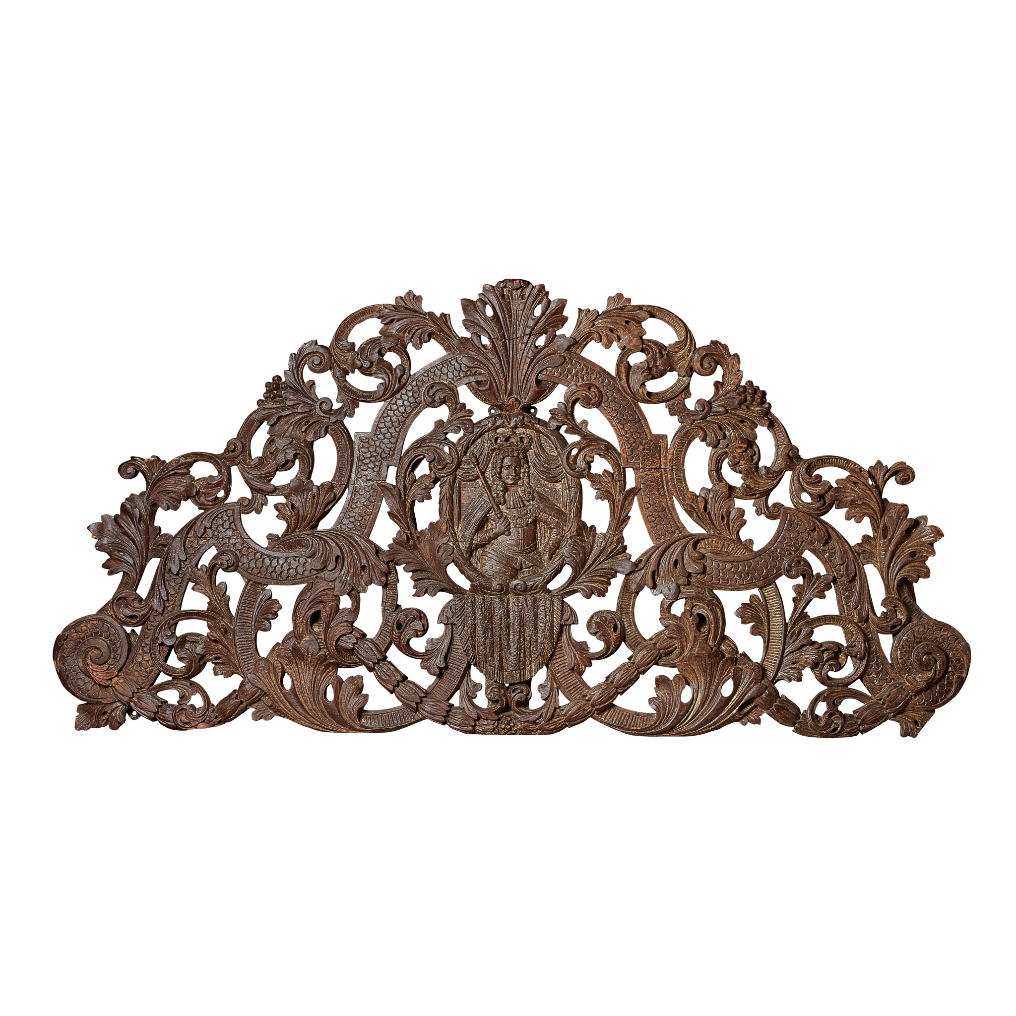 CHARLES II PARCEL-GILT AND SILVERED CARVED WALNUT DOORWAY PEDIMENT