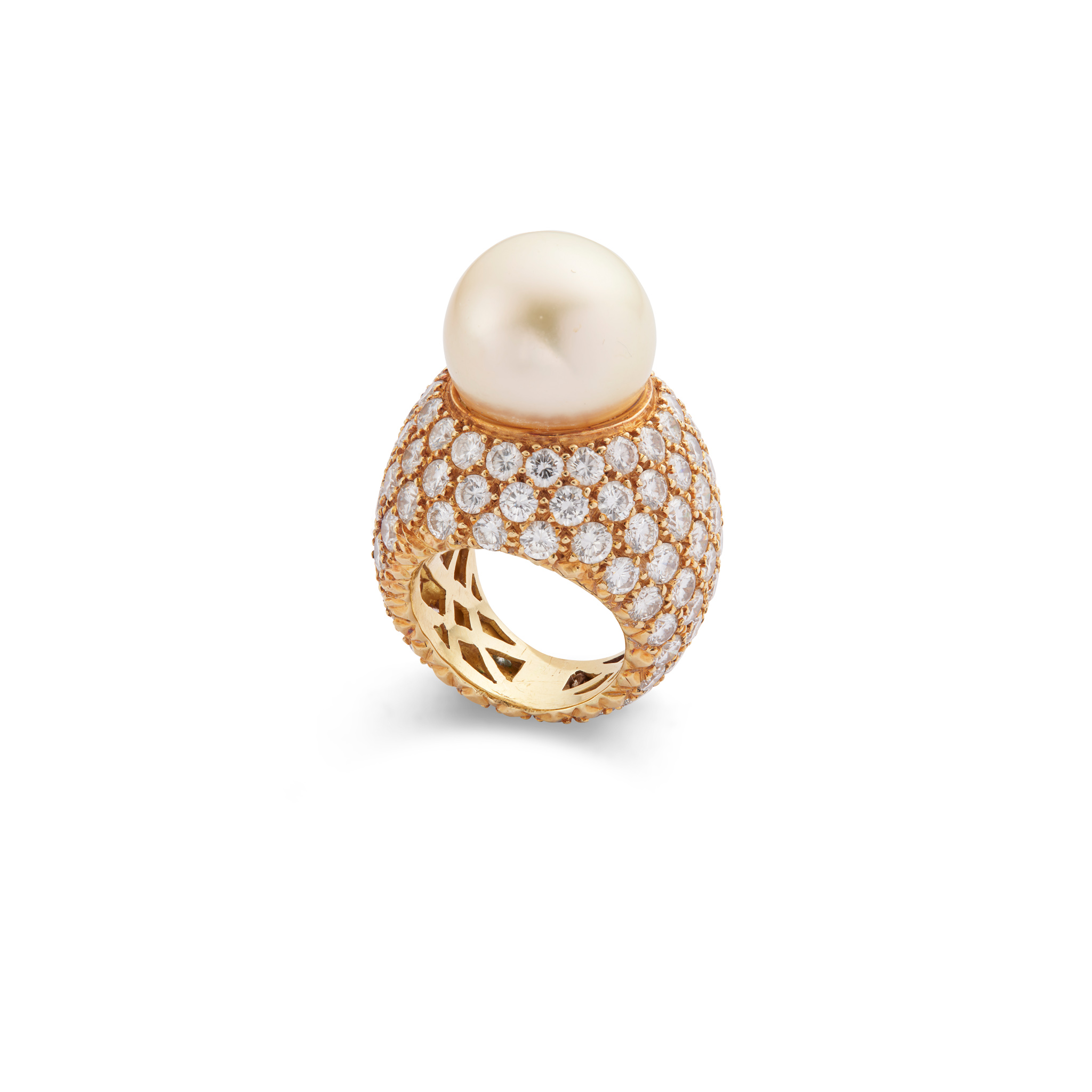 A cultured pearl and diamond bombé ring