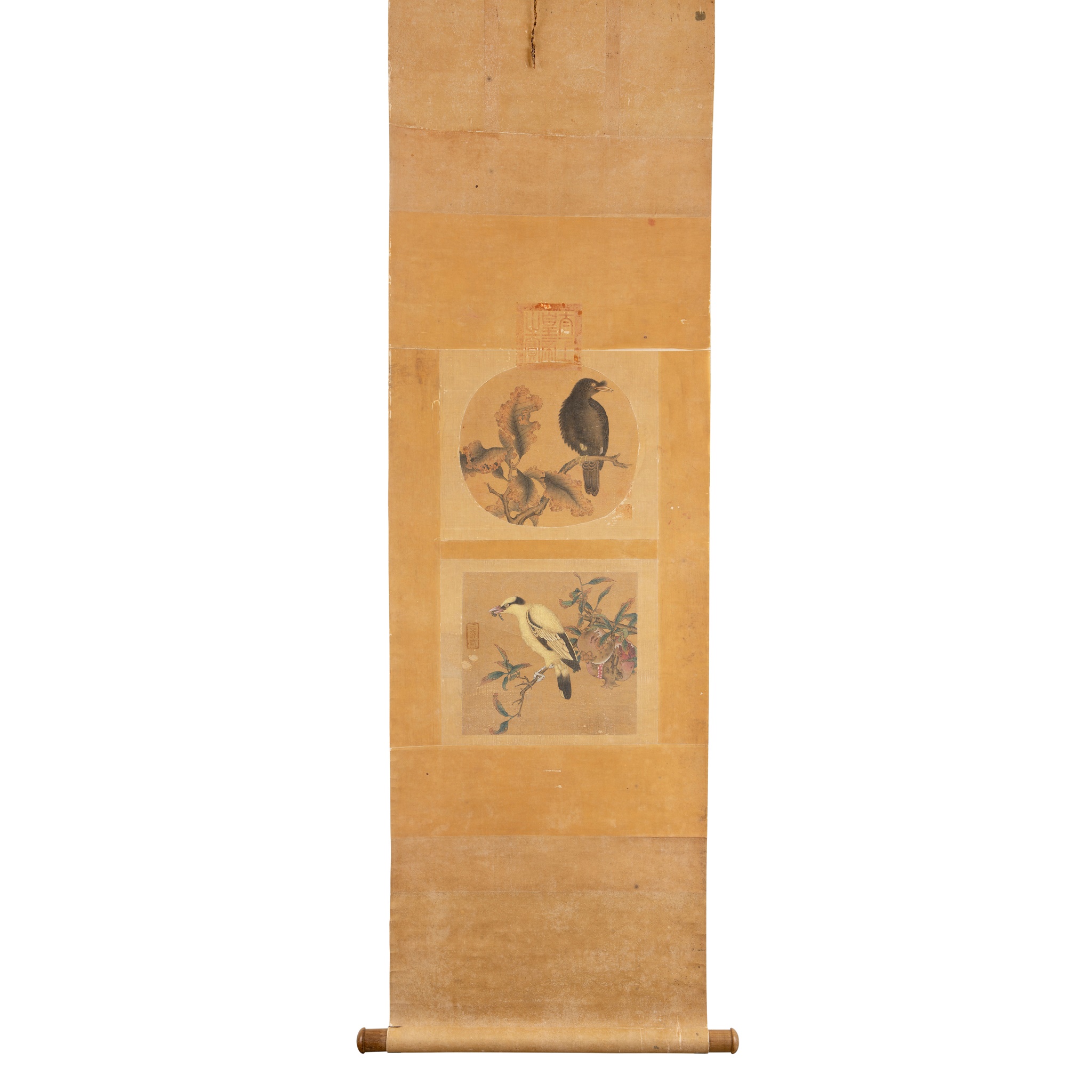 TWO INK PAINTINGS OF BIRDS AND FLOWERS MOUNTED ON A SCROLL
