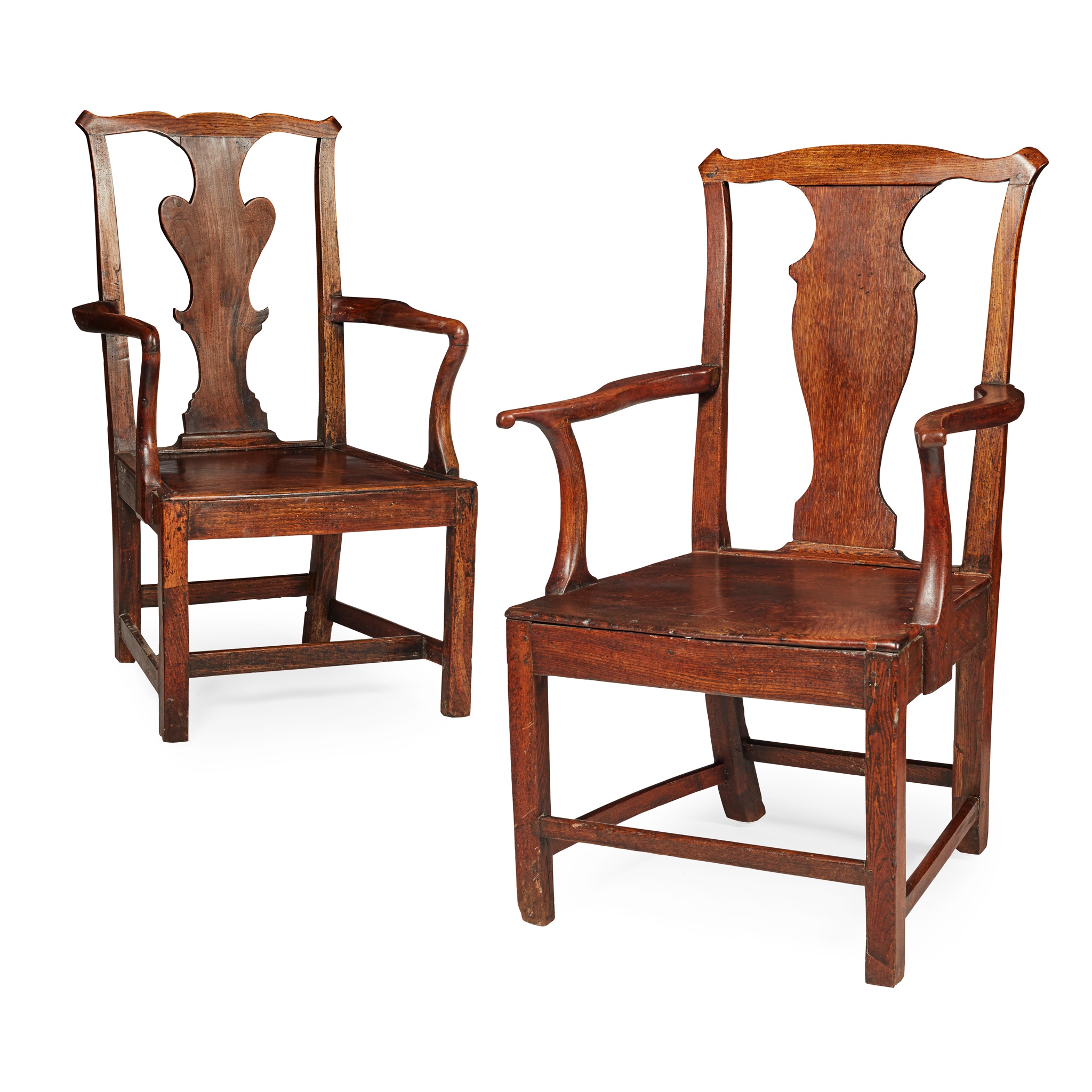 TWO GEORGIAN PROVINCIAL OAK AND ELM OPEN ARMCHAIRS