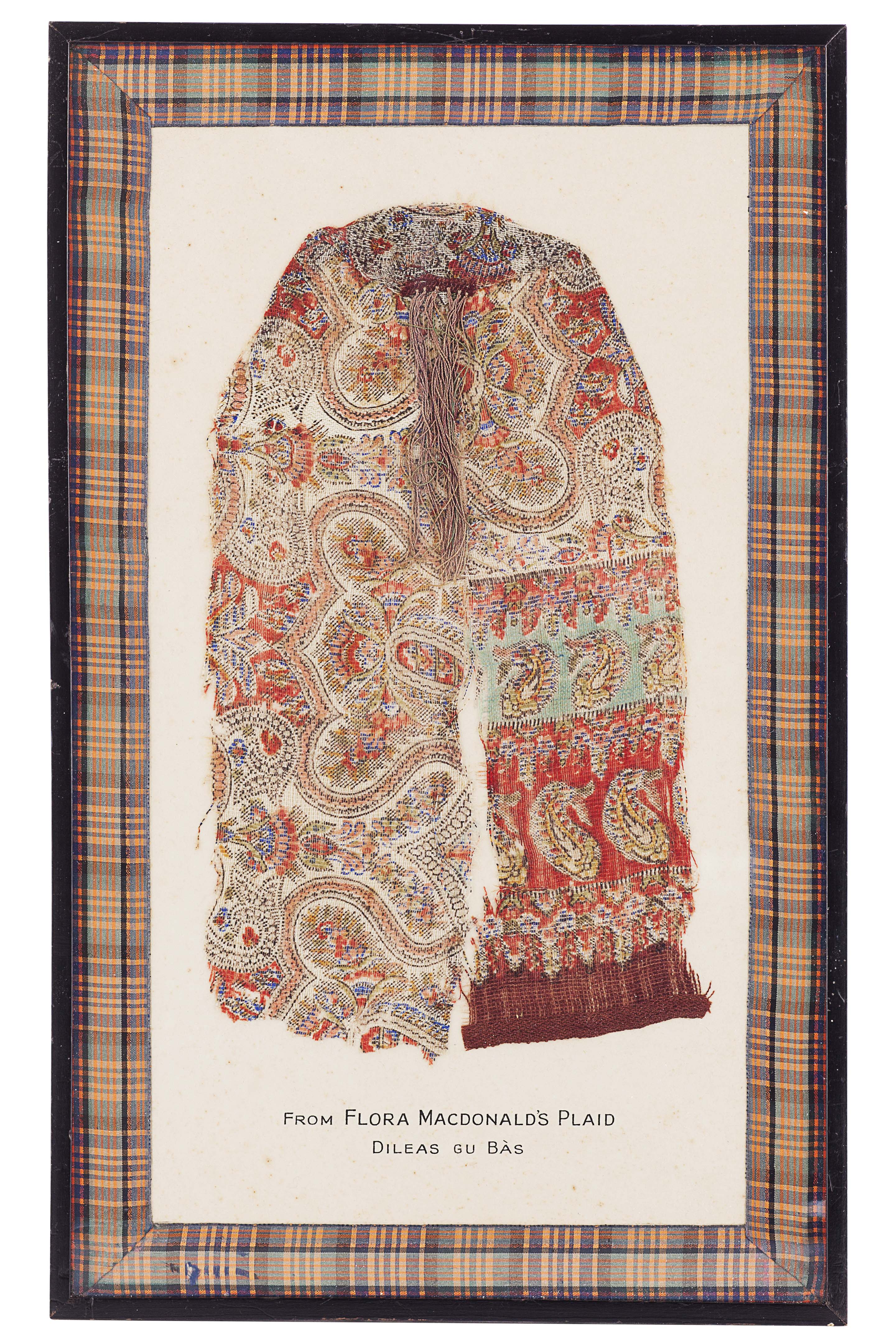 A framed piece of Flora MacDonald's plaid