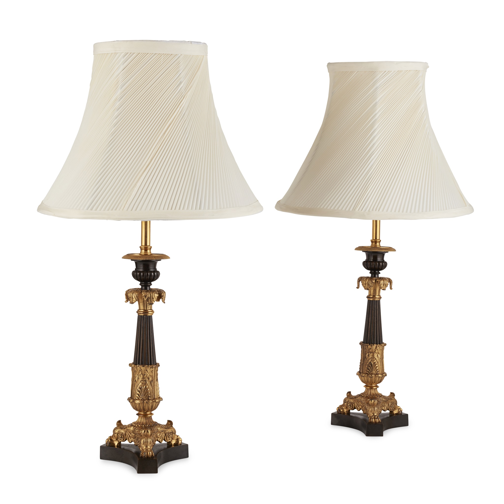 PAIR OF REGENCY PATINATED AND GILT BRONZE LAMPS