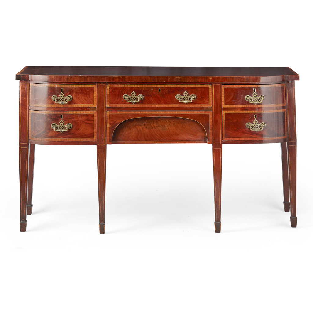 LATE GEORGE III MAHOGANY AND SATINWOOD BANDED SIDEBOARD