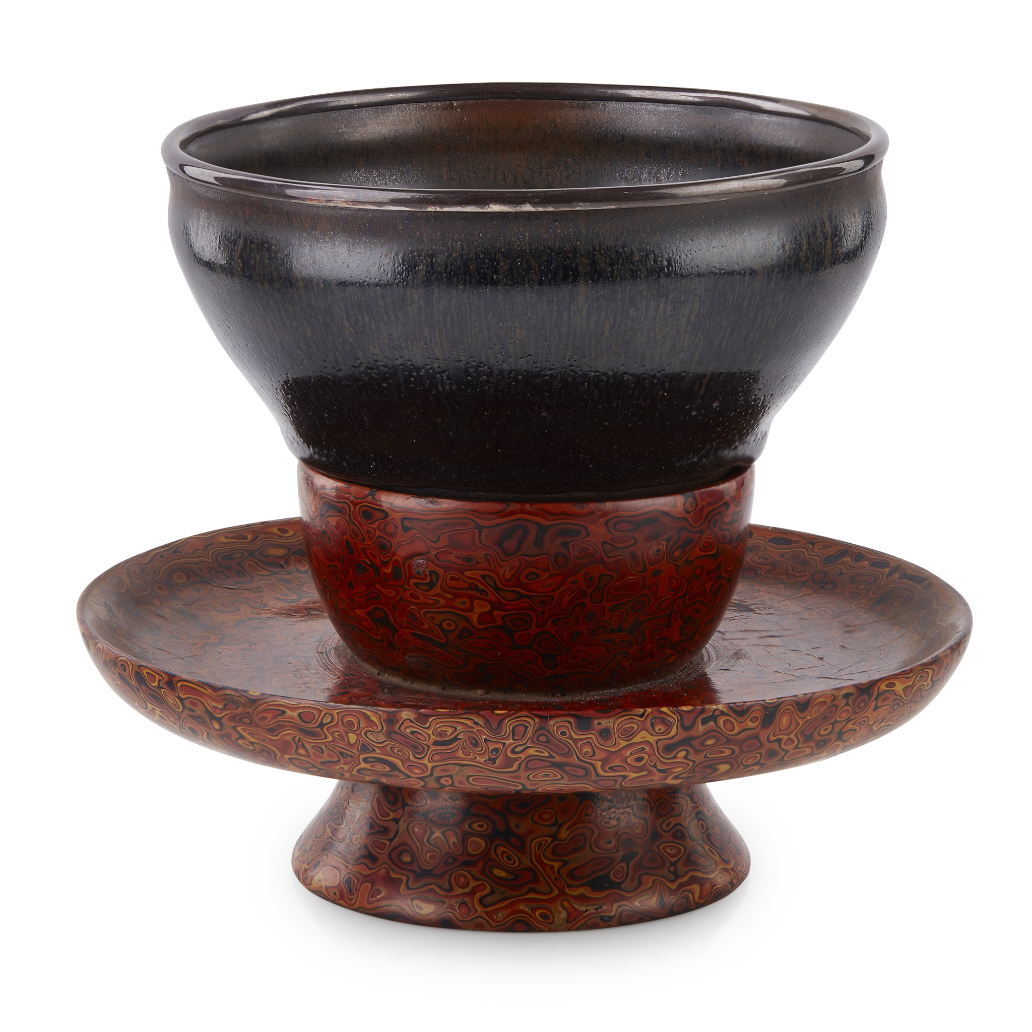 SILVER-MOUNTED JIAN 'HARE'S FUR' TEA BOWL WITH LACQUER STAND