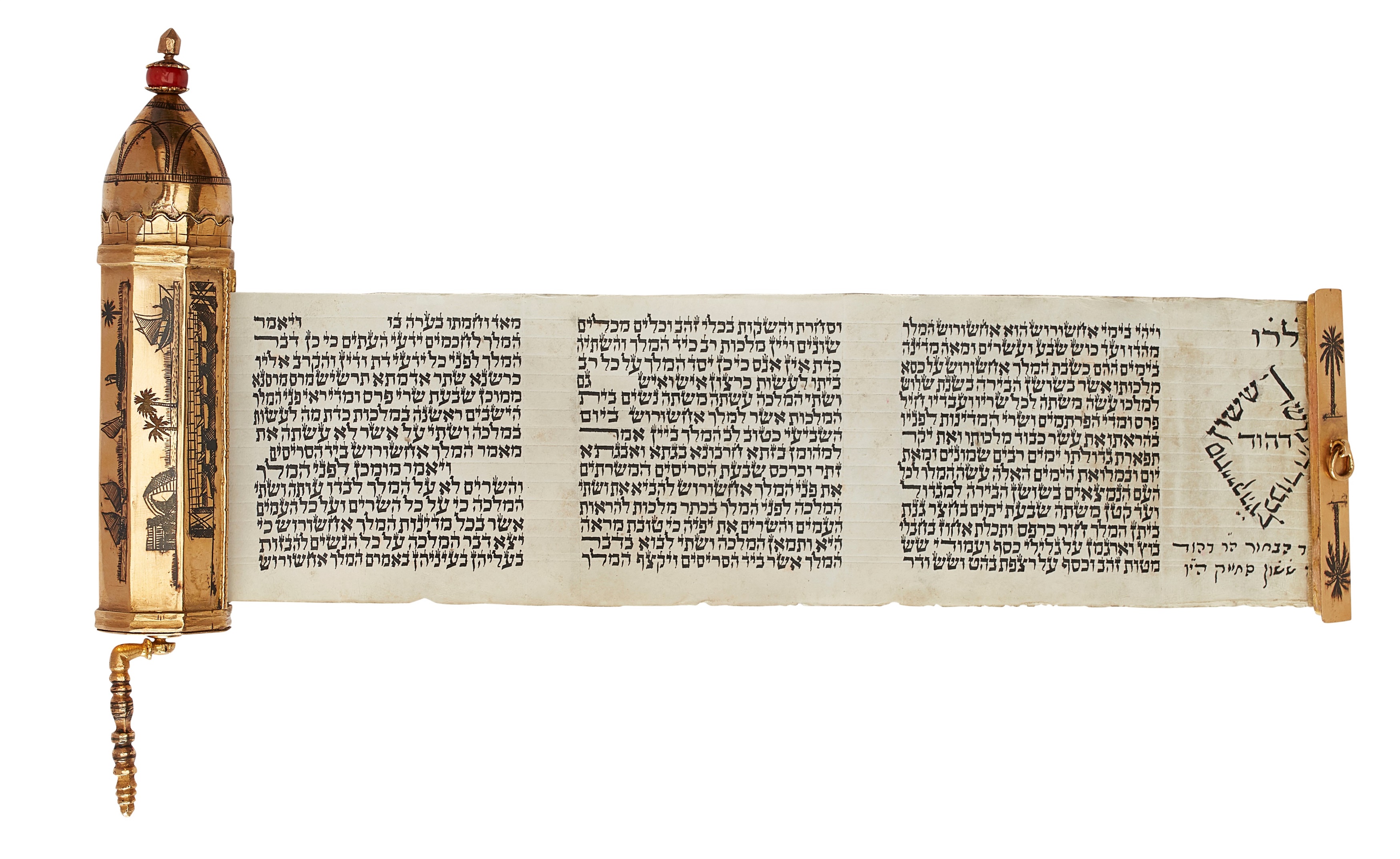 An Iranian gold and niello decorated Esther Scroll holder with scroll