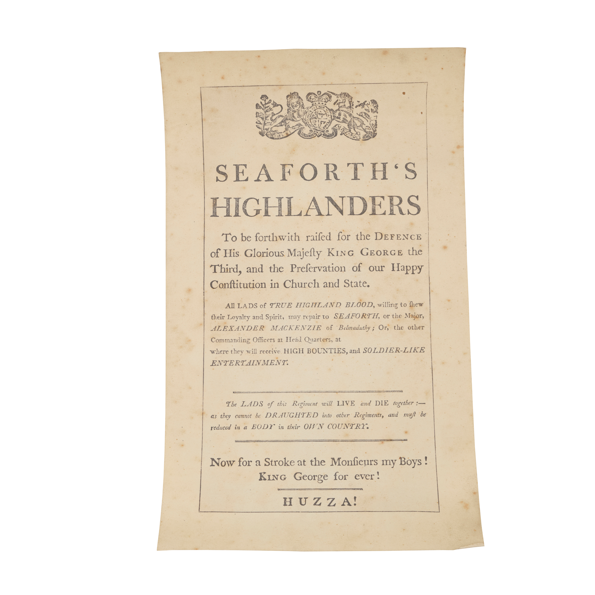 AN 18TH CENTURY SEAFORTH HIGHLANDERS RECRUITMENT POSTER