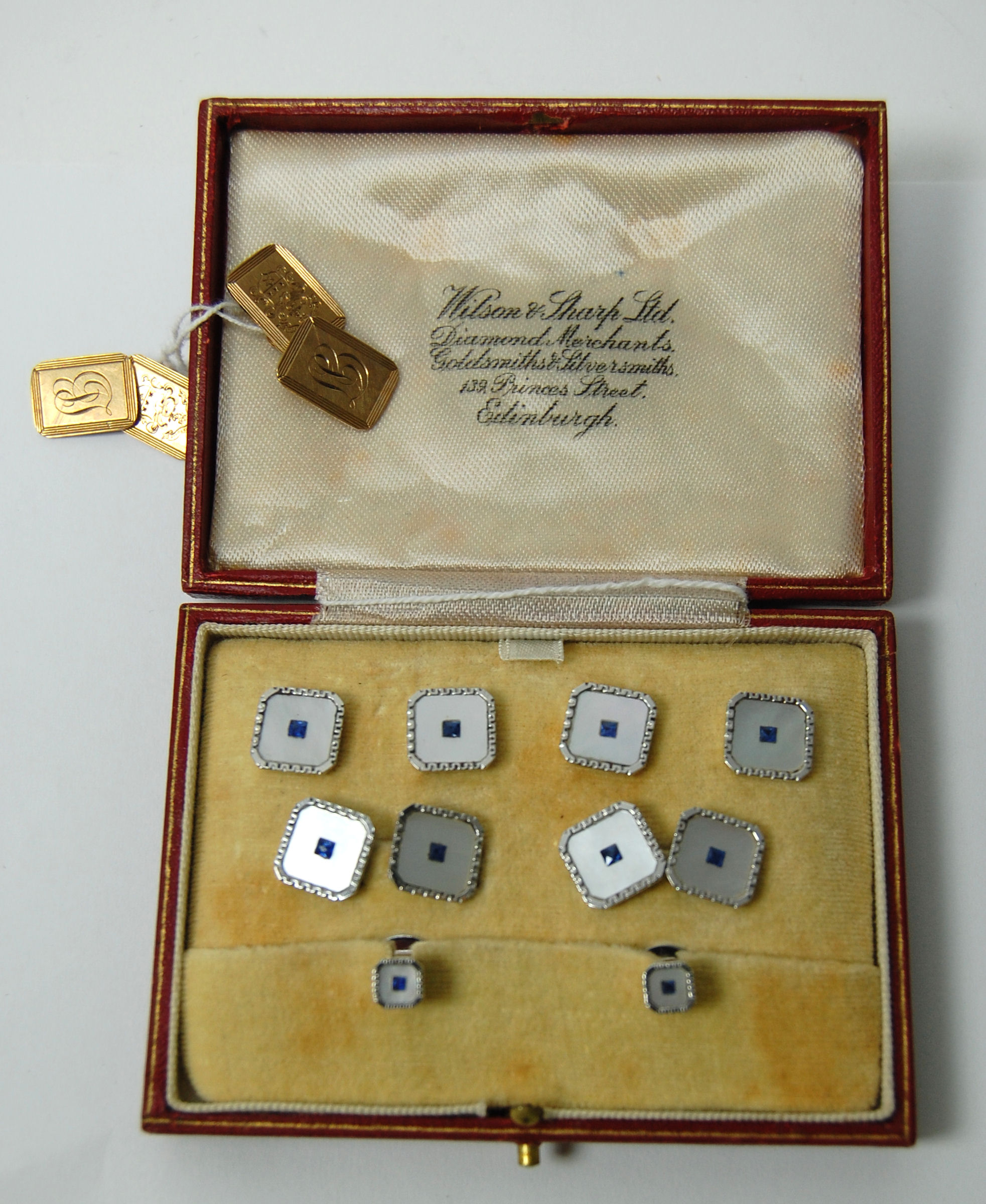 A 9ct white gold mounted gentleman's dress set,