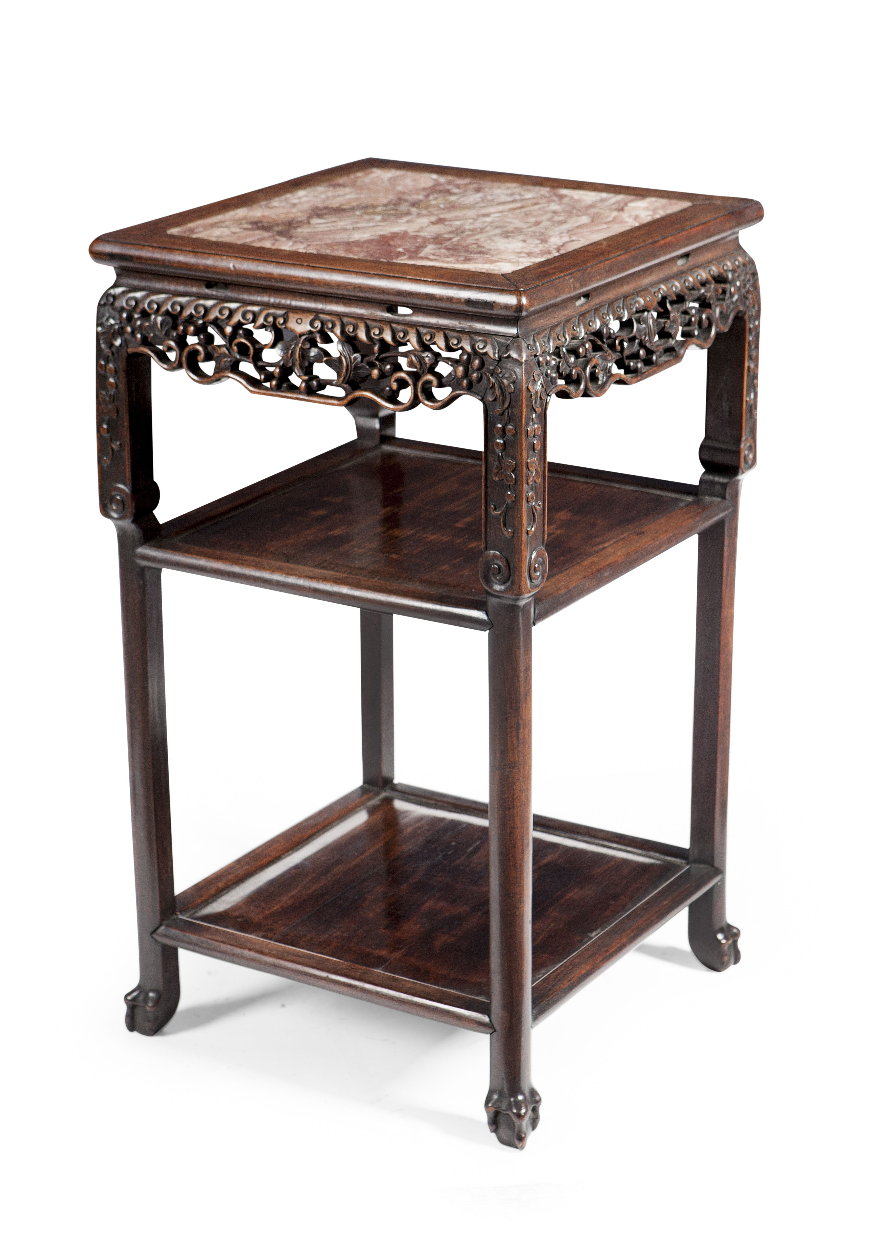 CHINESE CARVED HONGMU AND MARBLE INSERT TEA TABLE