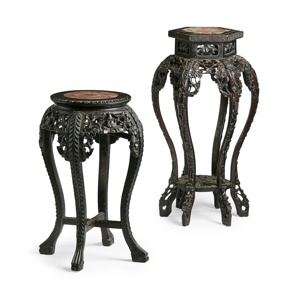 TWO CHINESE HARDWOOD MARBLE TOP STANDS