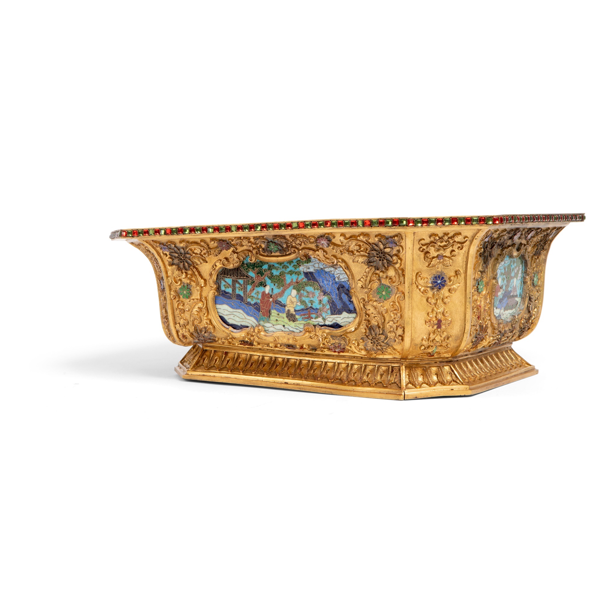 GILT BRONZE INLAID WITH CLOISONNÉ ENAMEL PANEL RECTANGULAR JARDINIERE