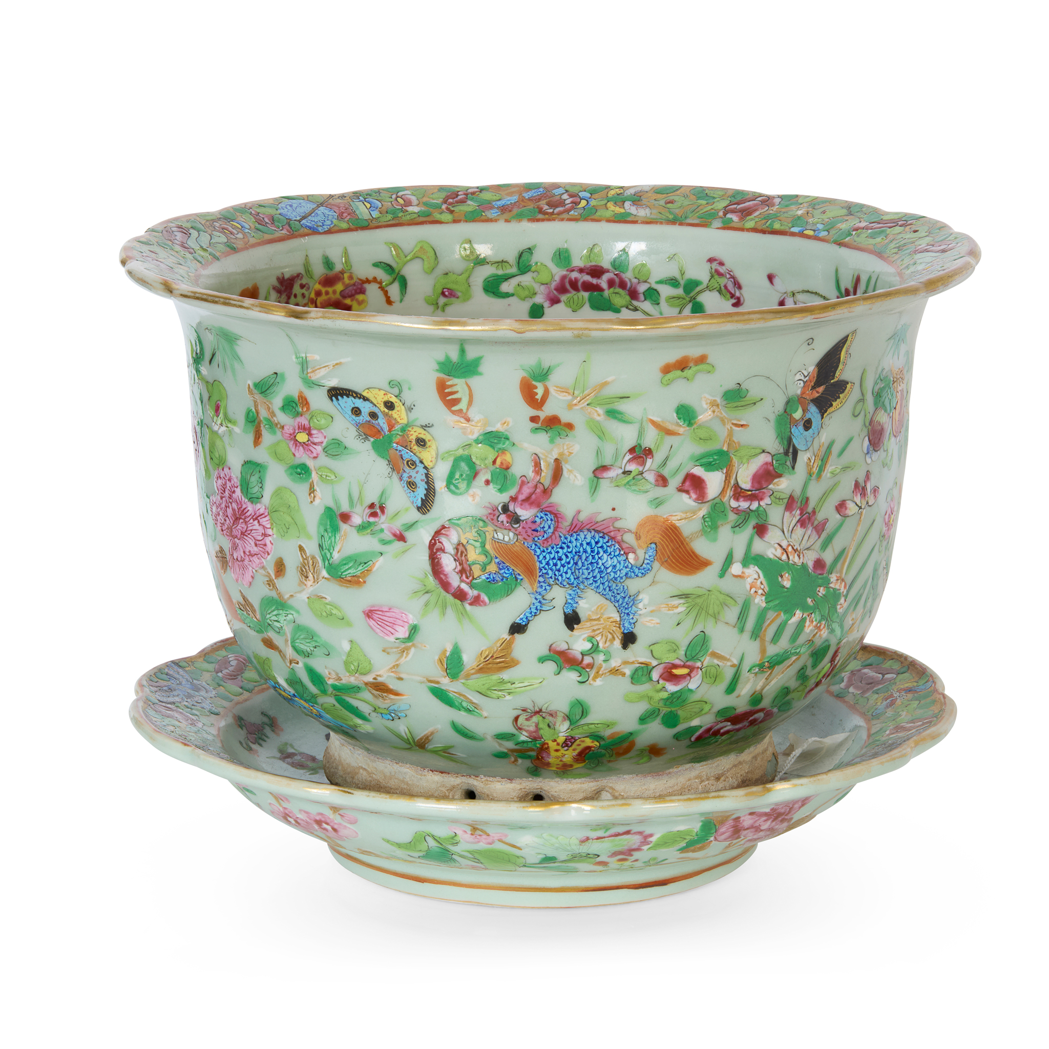 CHINESE CELADON-GROUND CANTON FAMILLE ROSE JARDINIÈRE WITH STAND
