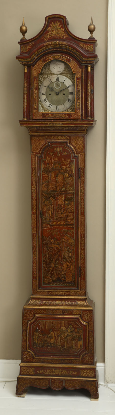 A mid 18th century red and gilt japanned eight day longcase clock