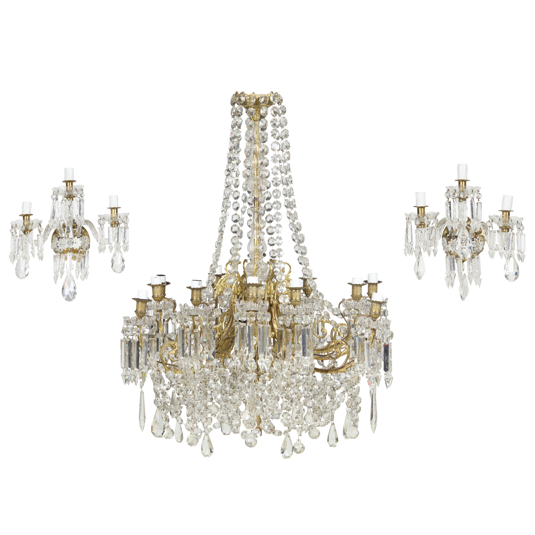 GEORGE III STYLE GILT METAL AND CUT GLASS TWELVE LIGHT CHANDELIER AND PAIR OF WALL LIGHTS