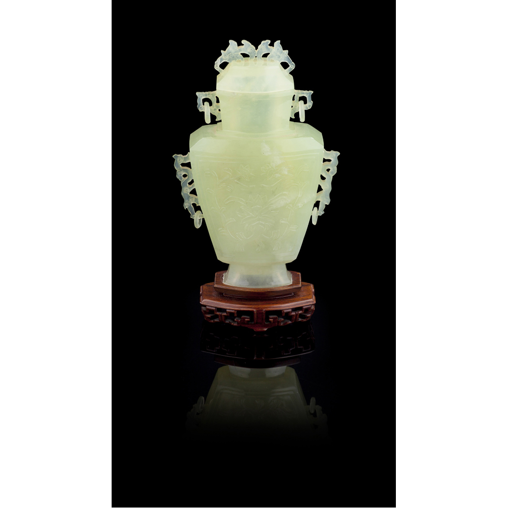 TRANSLUCENT CELADON HARDSTONE ARCHAIC STYLE VASE AND COVER