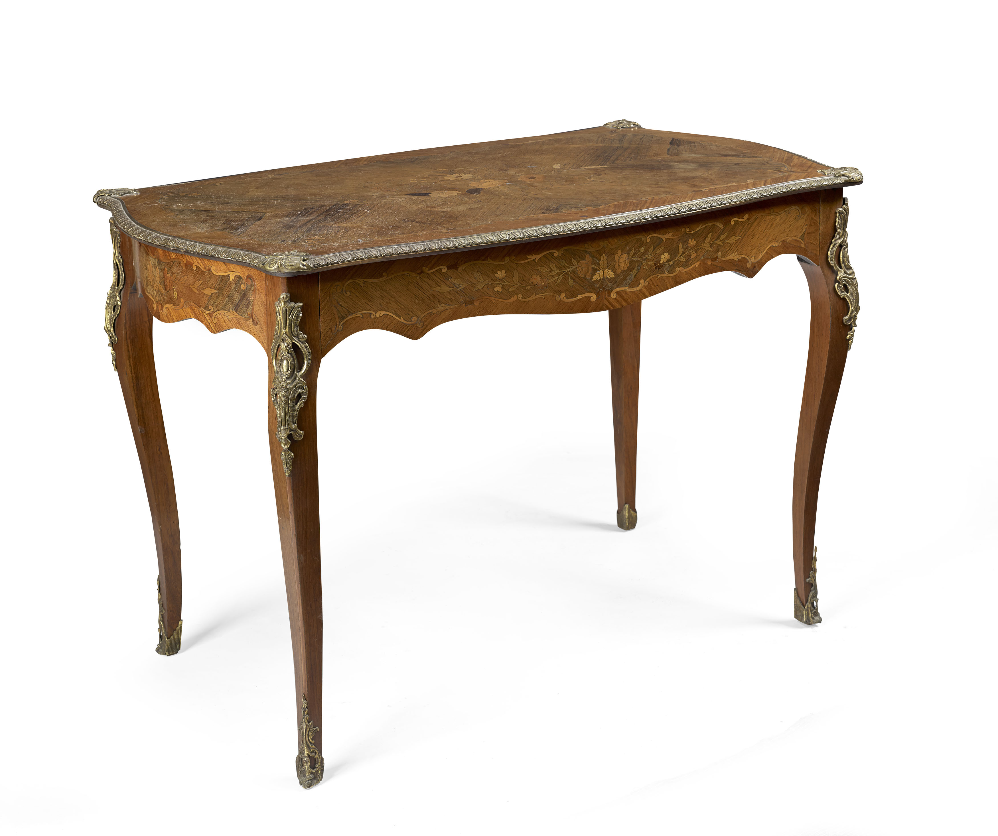 LOUIS XV STYLE KINGWOOD, TULIPWOOD AND MARQUETRY GILT BRONZE MOUNTED BUREAU PLAT