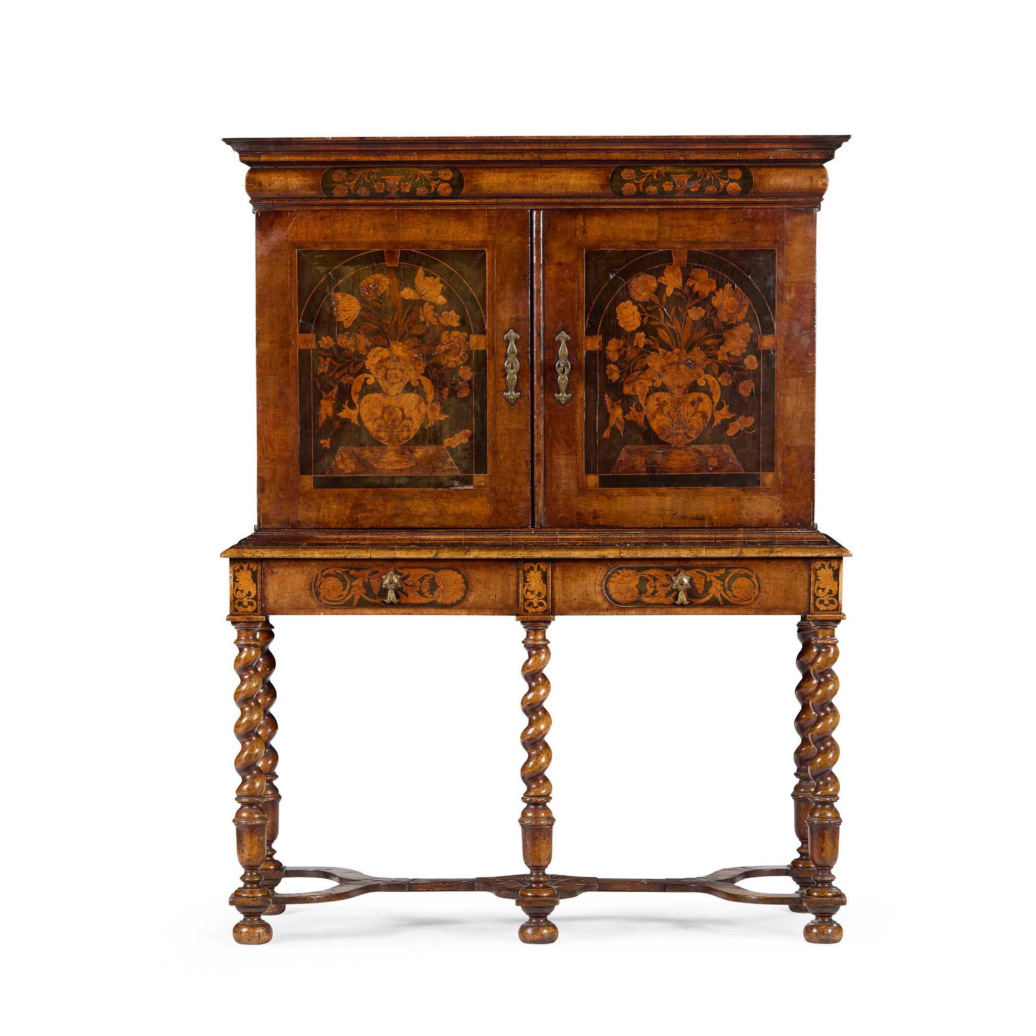 WILLIAM AND MARY WALNUT AND MARQUETRY CABINET ON STAND