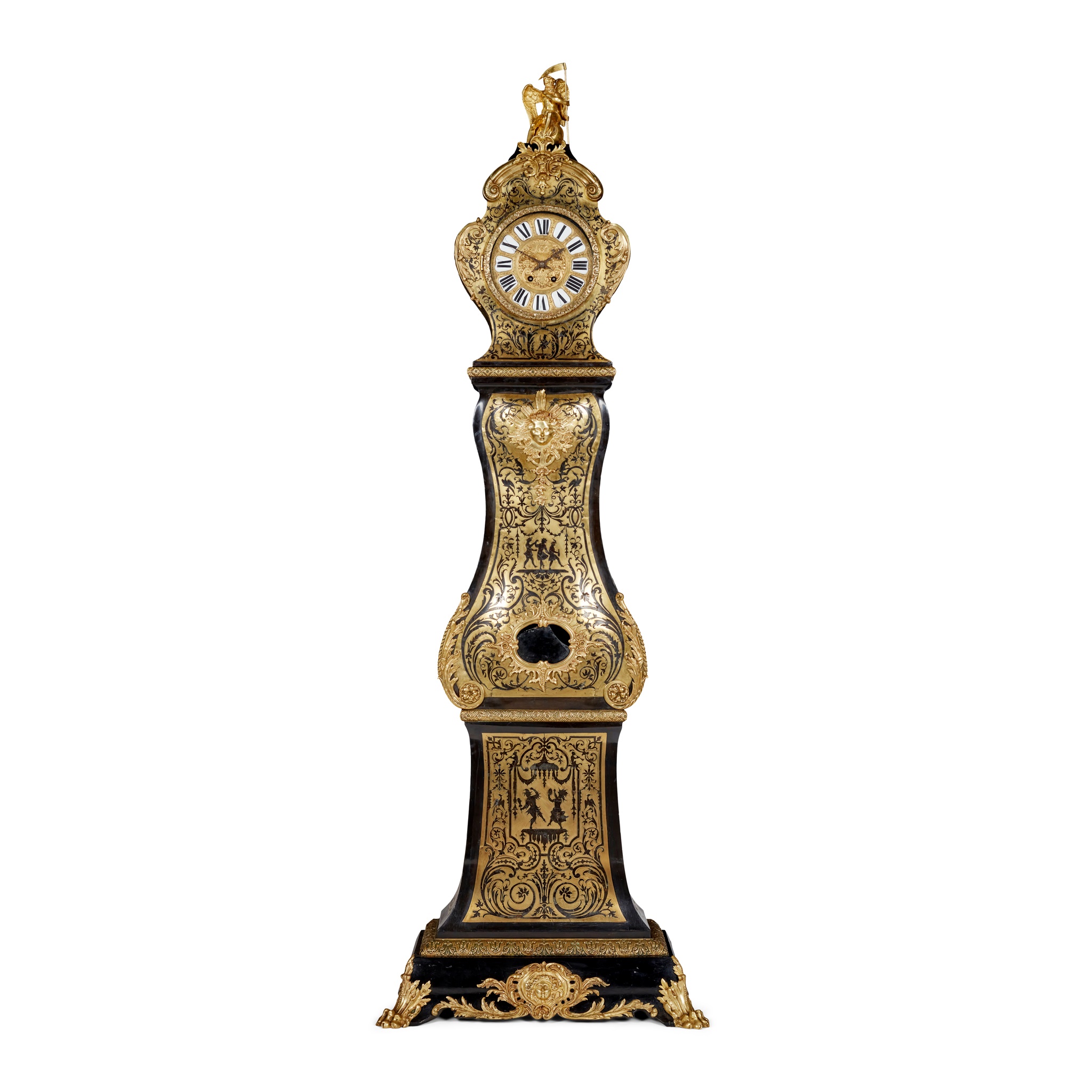 LOUIS XIV STYLE EBONISED, TORTOISESHELL, AND BRASS BOULLE MARQUETRY LONGCASE CLOCK