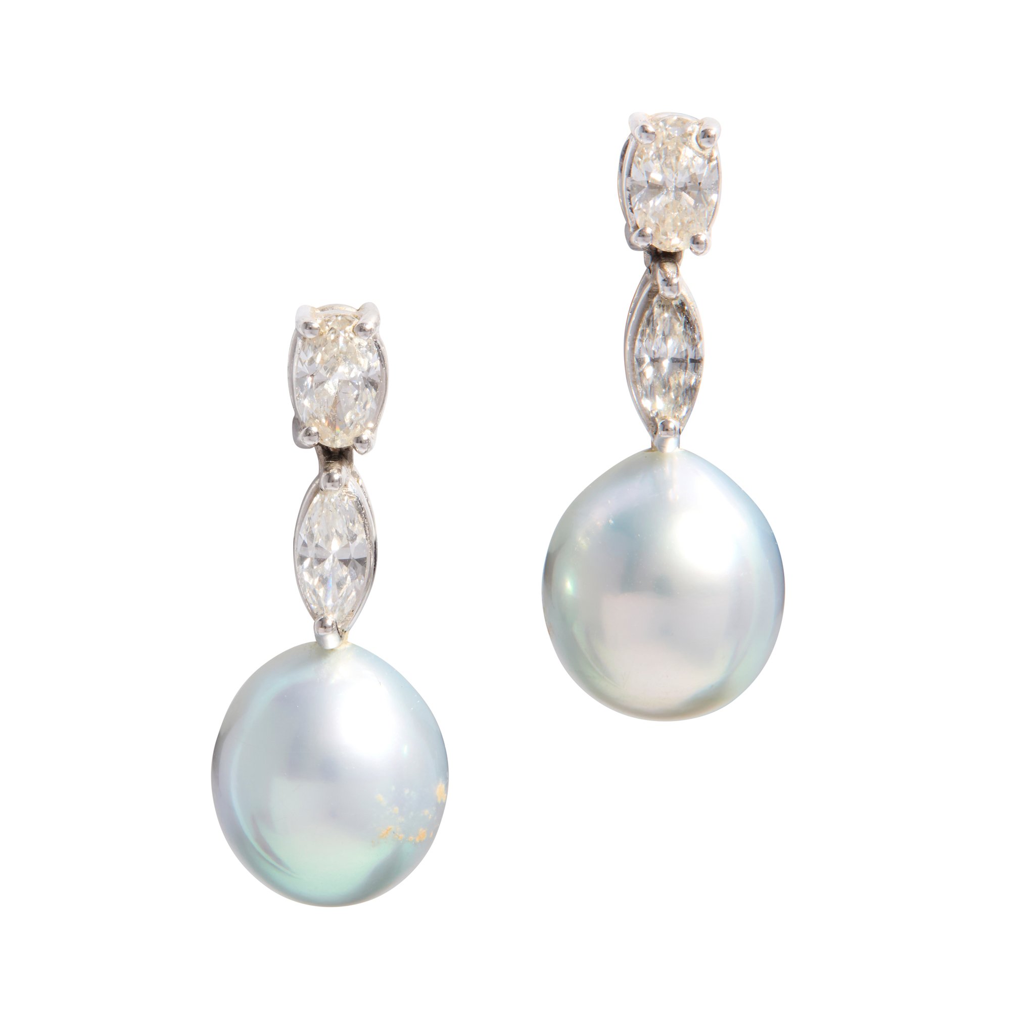 A pair of 18ct gold pearl and diamond pendant earrings