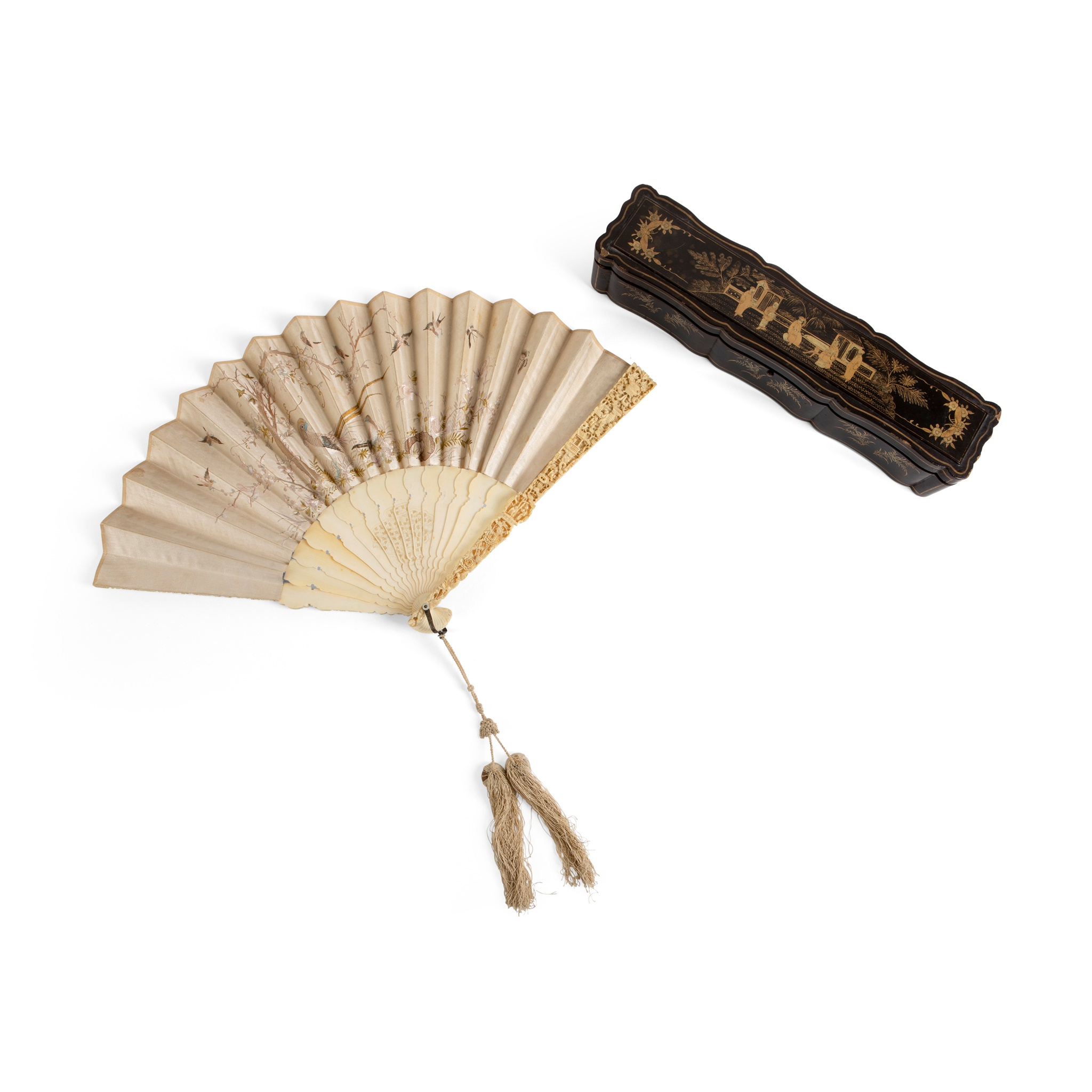 LARGE CANTON IVORY CARVING AND EMBROIDERY ON SILK FAN WITH BOX