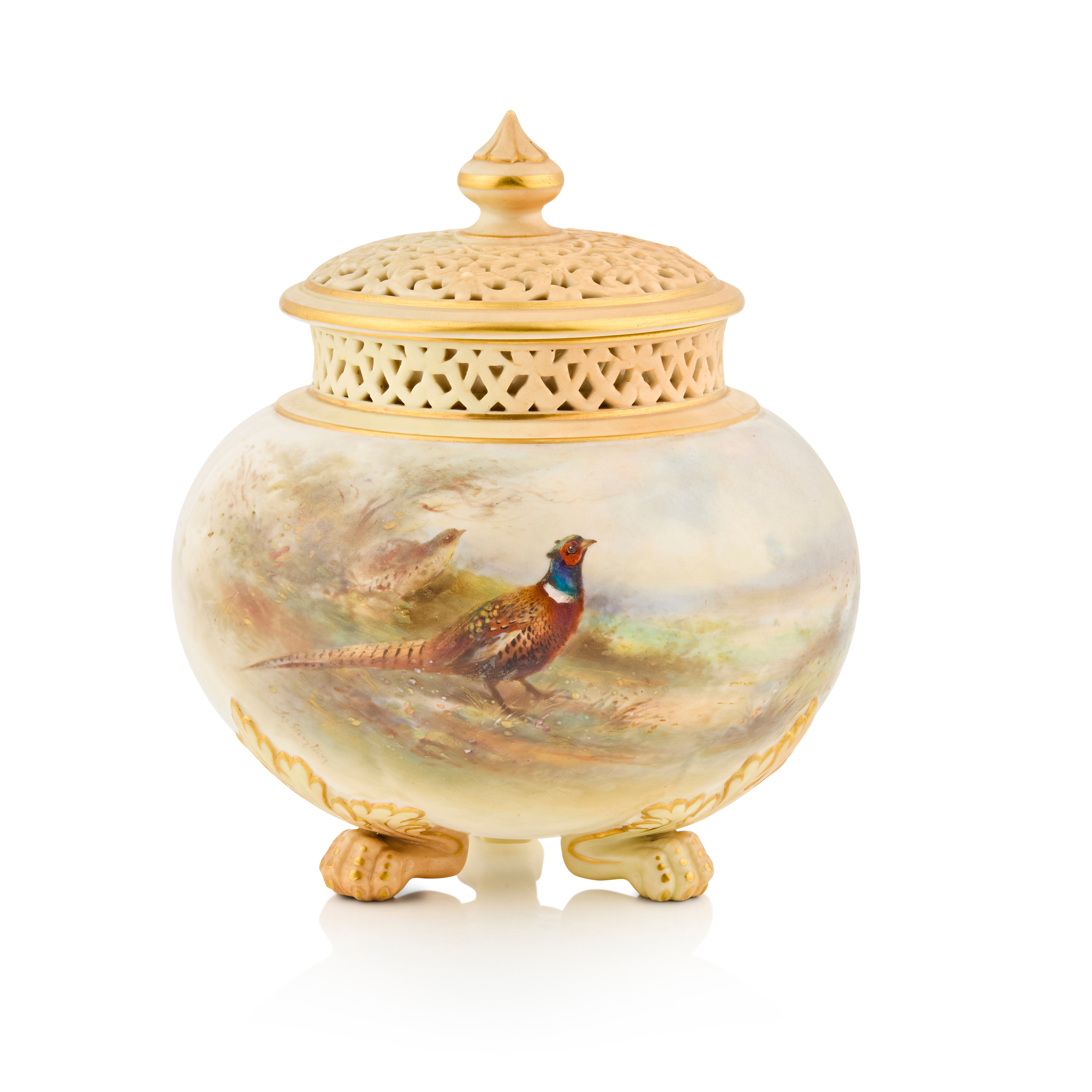 ROYAL WORCESTER POT POURRI VASE AND PIERCED COVER, BY JAMES STINTON