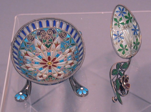 A Bohemian silver and plique a jour bowl and spoon