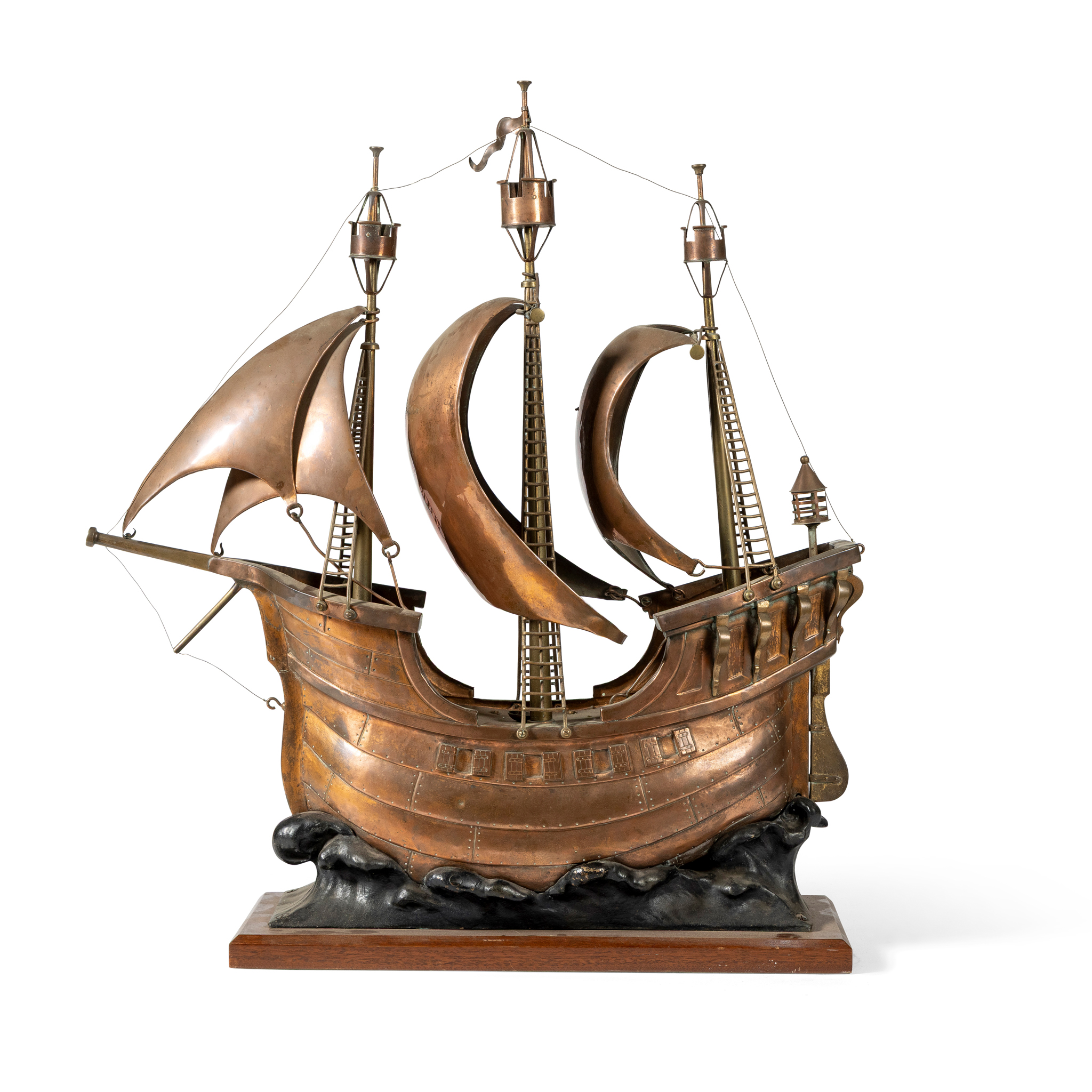 A COPPER AND BRASS MODEL OF A GALLEON