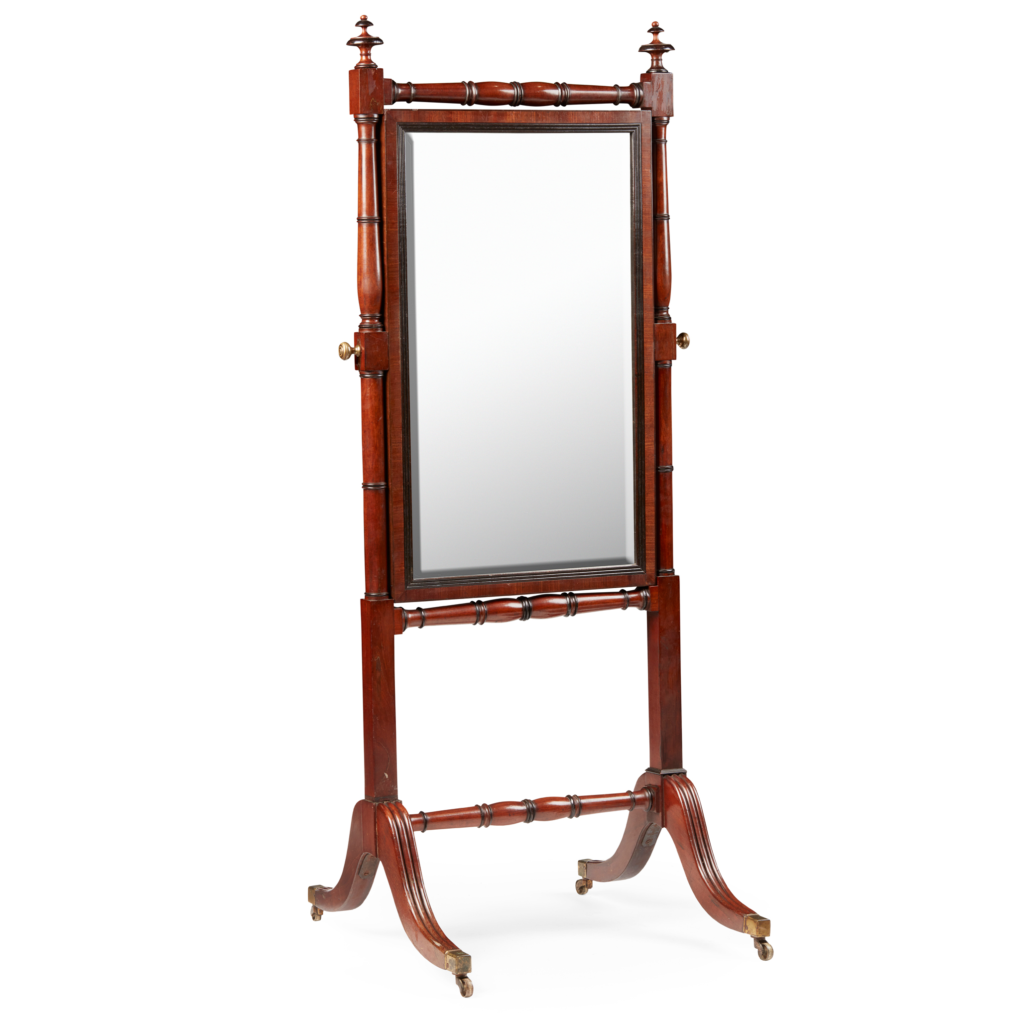 REGENCY MAHOGANY AND EBONISED CHEVAL MIRROR