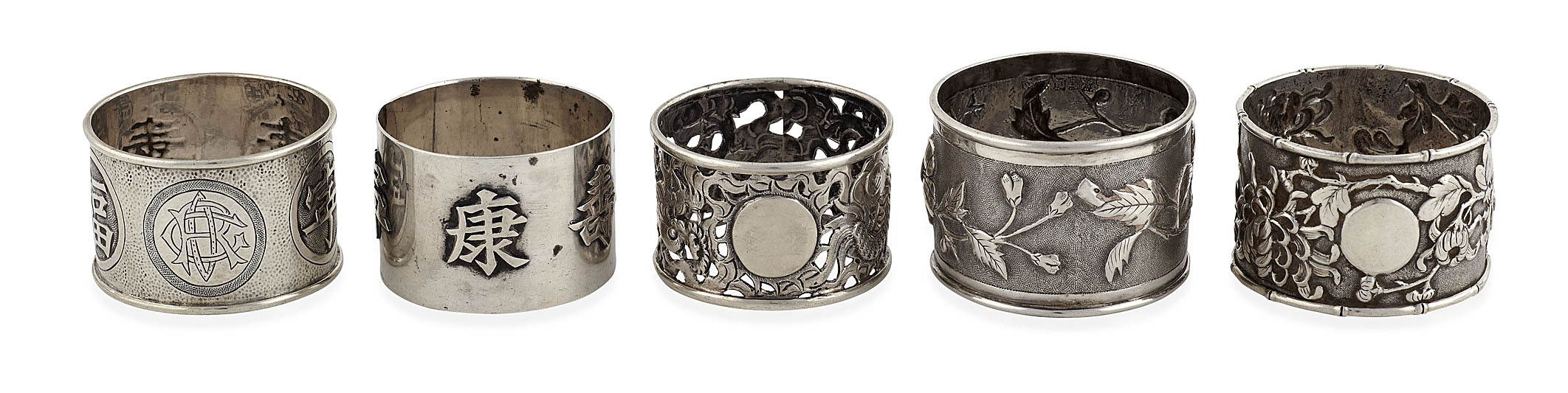GROUP OF FIVE CHINESE EXPORT SILVER NAPKIN RINGS