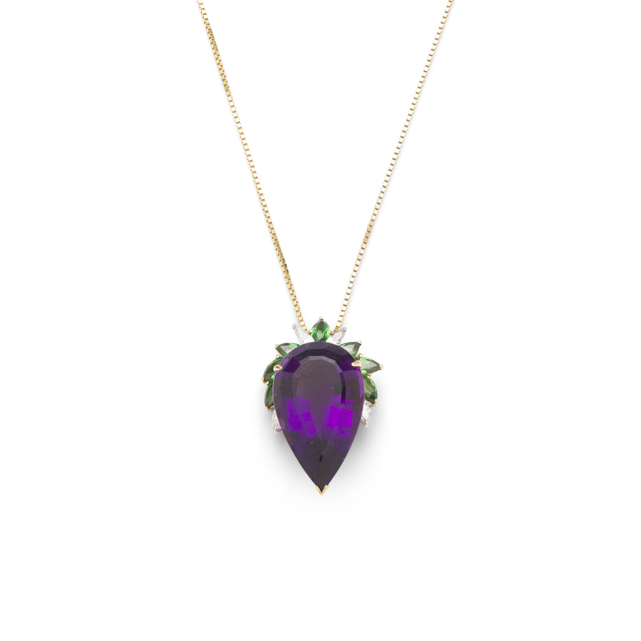 An amethyst, tsavorite garnet and diamond pendant