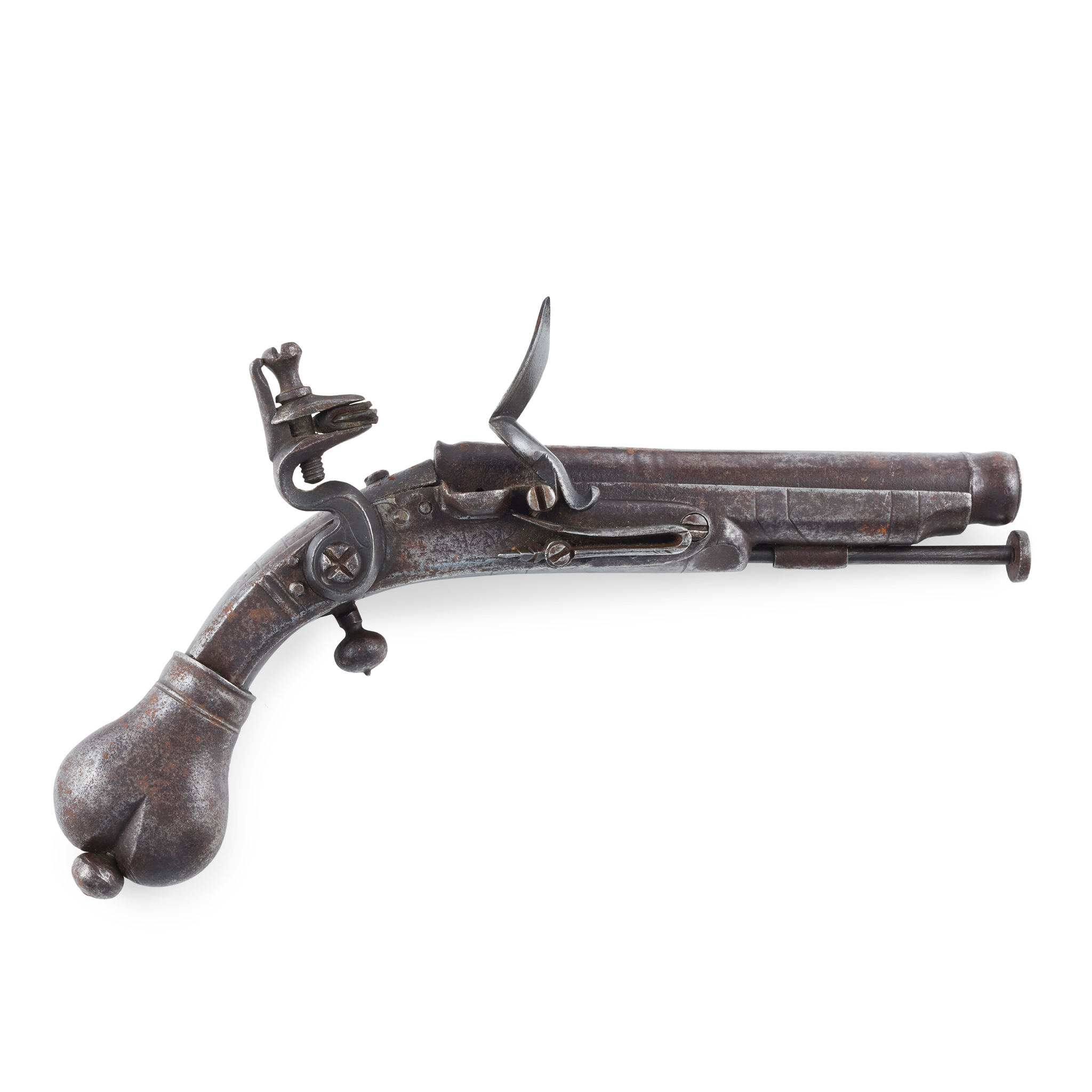 AN EARLY 18TH CENTURY SCOTTISH ALL METAL FLINT LOCK HEART BUTT BELT PISTOL