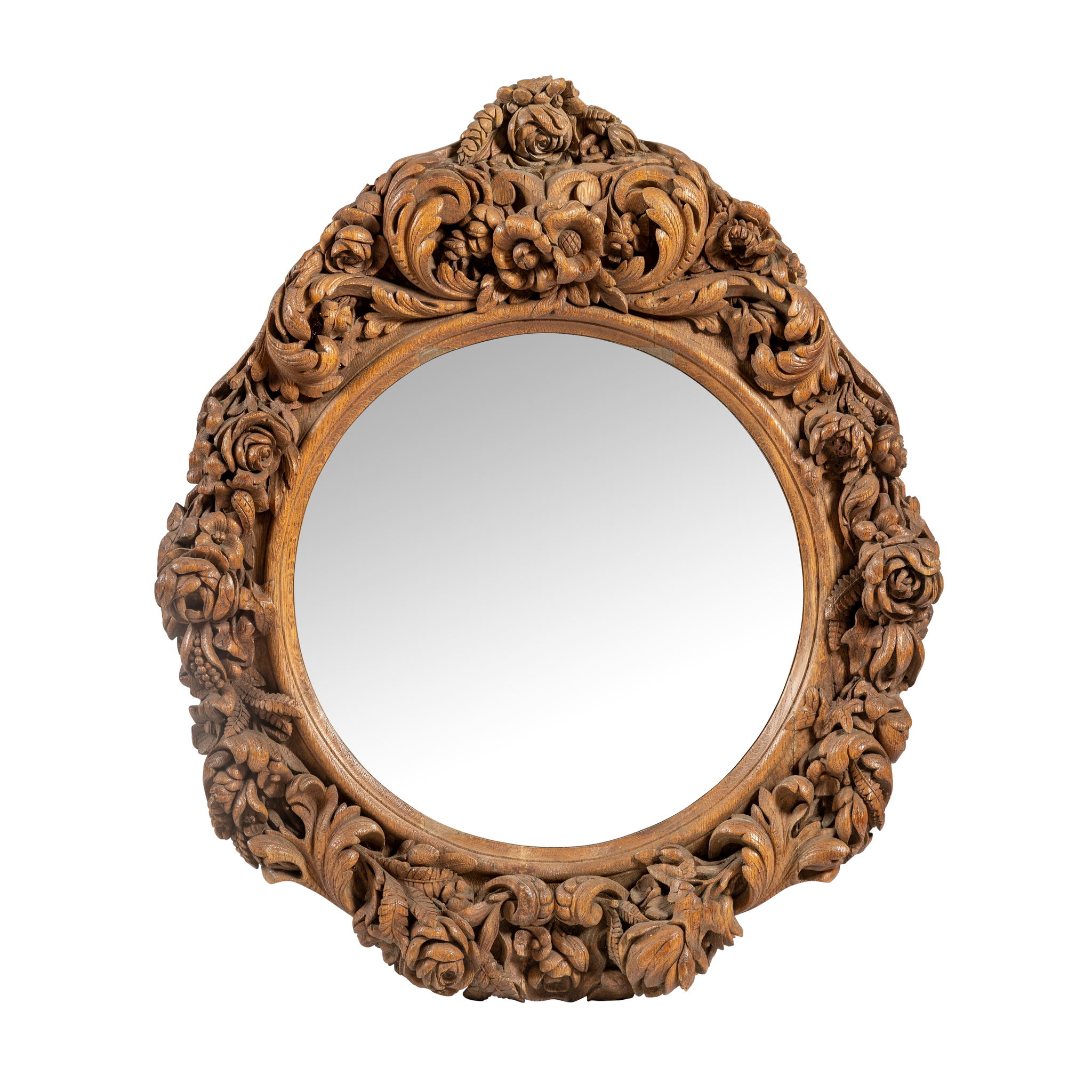 A FRENCH CARVED OAK WALL MIRROR