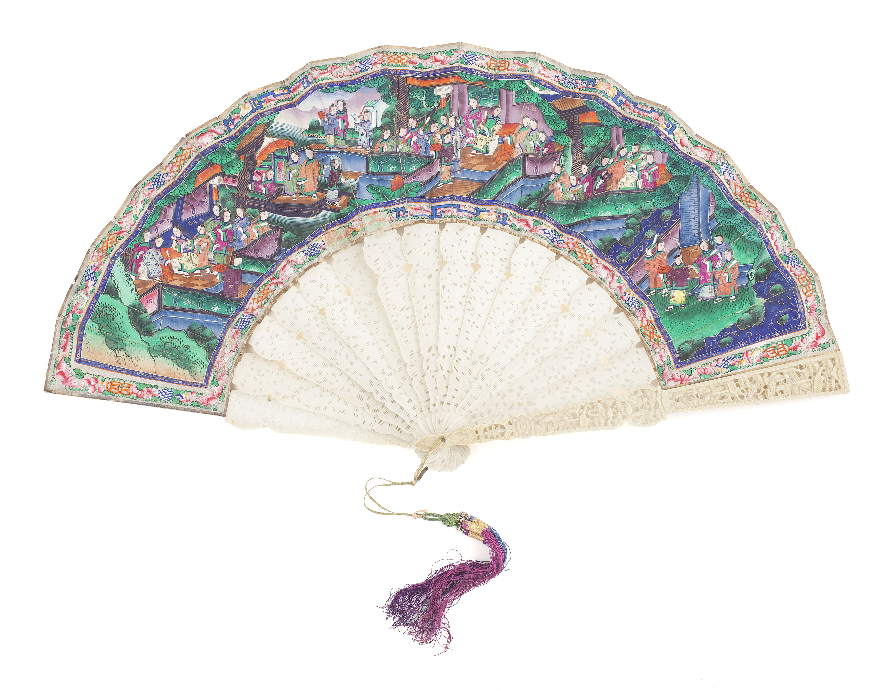 CHINESE CANTON CARVED IVORY AND PAINTED PAPER FAN