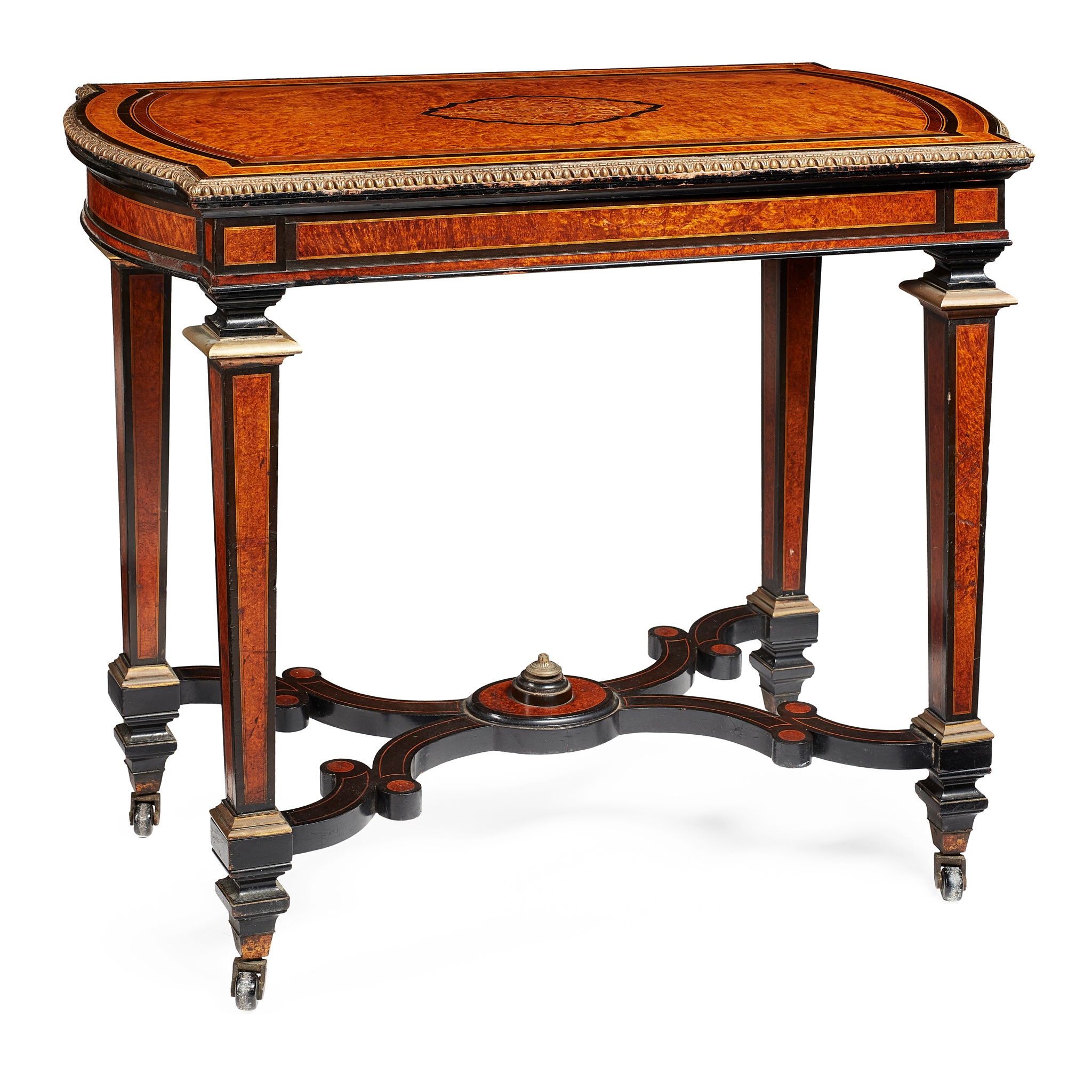 VICTORIAN GILT METAL MOUNTED AMBOYNA AND EBONISED CARD TABLE