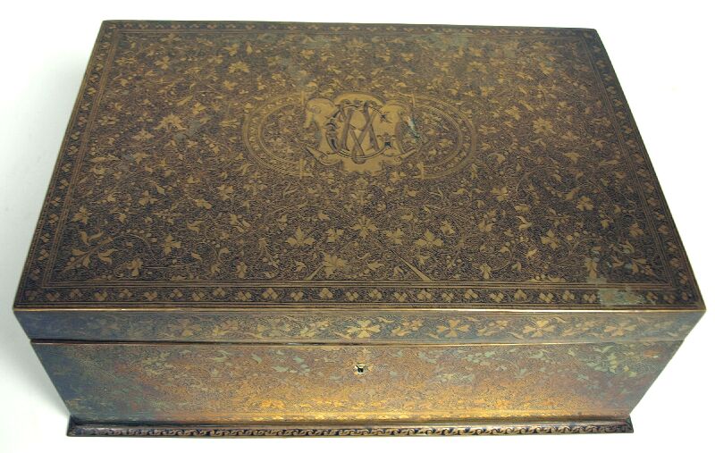 A 19th century Persian damascened brass box For the European market